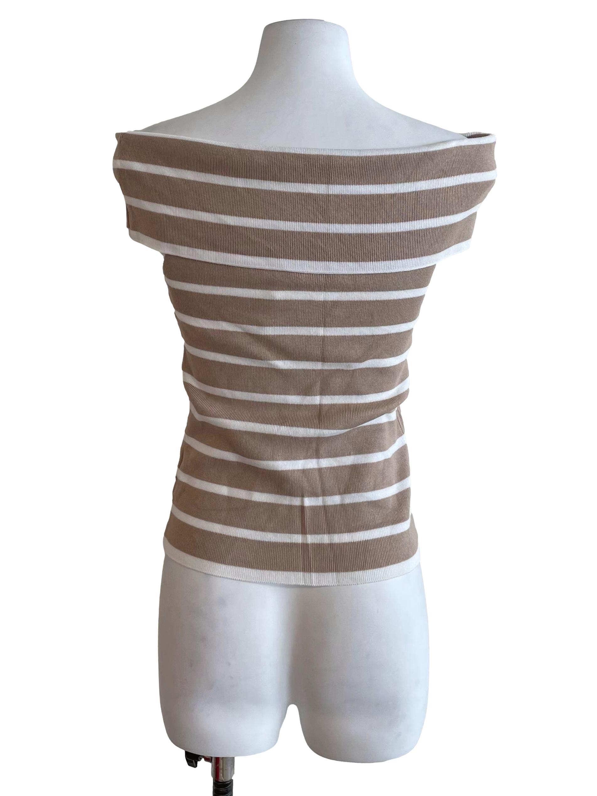 Sepia Beige Stripes Off Shoulder Knit Top