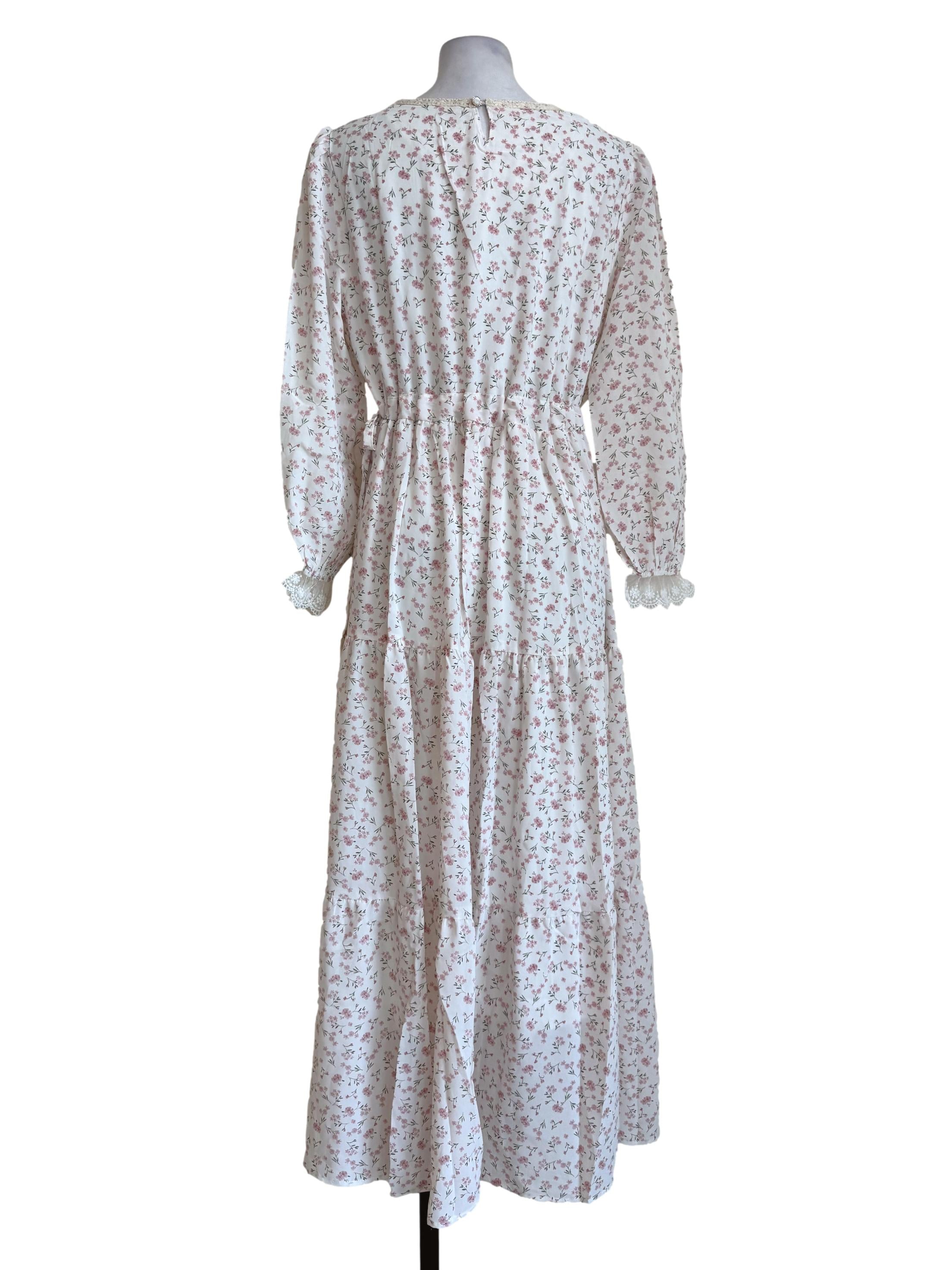 Rice White With Pink Floral Motif Long Sleeve Dress