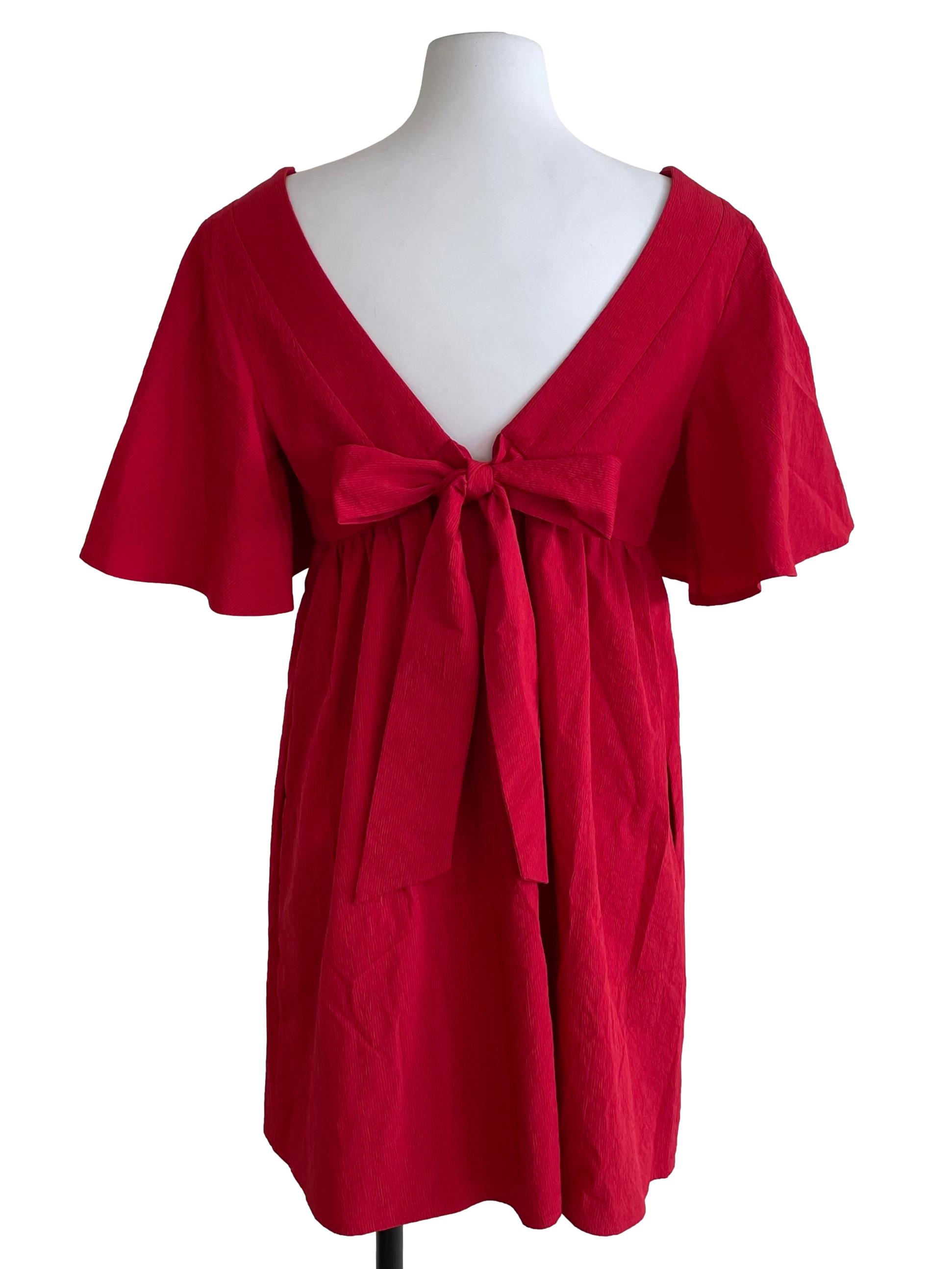 Apple Red Butterfly Sleeves Babydoll Dress
