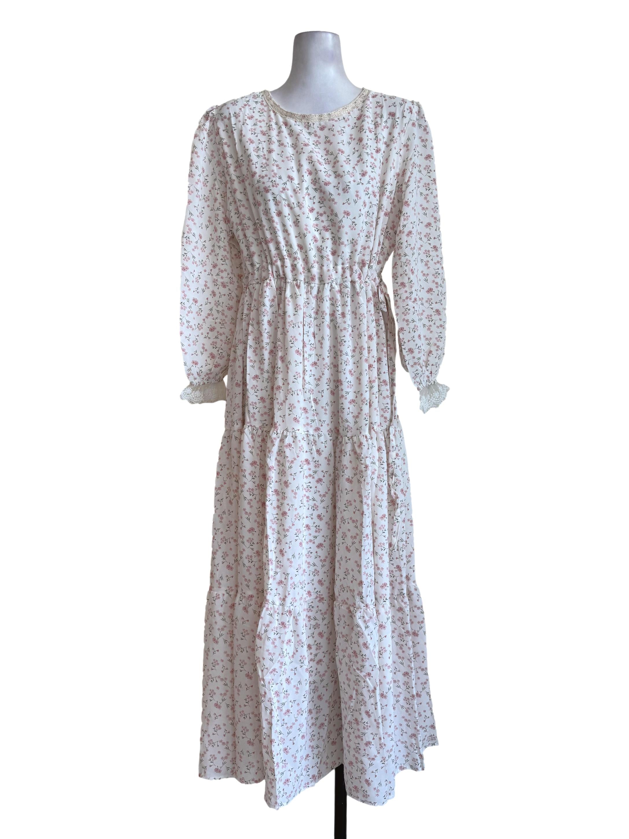 Rice White With Pink Floral Motif Long Sleeve Dress