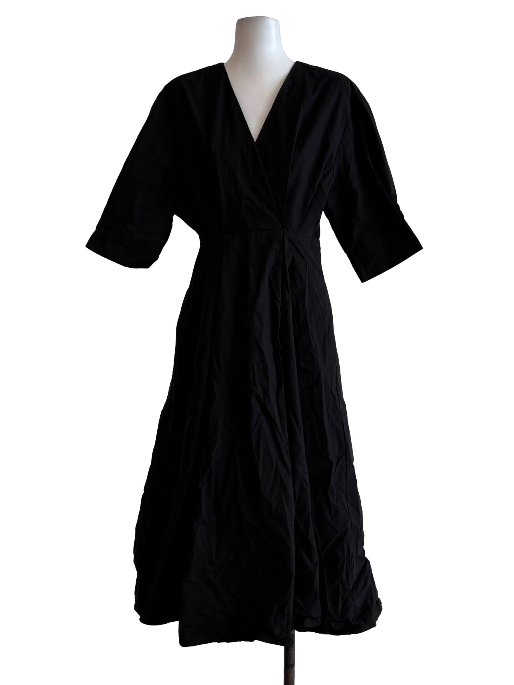 Jet Black Surplice Cotton A-Line Dress