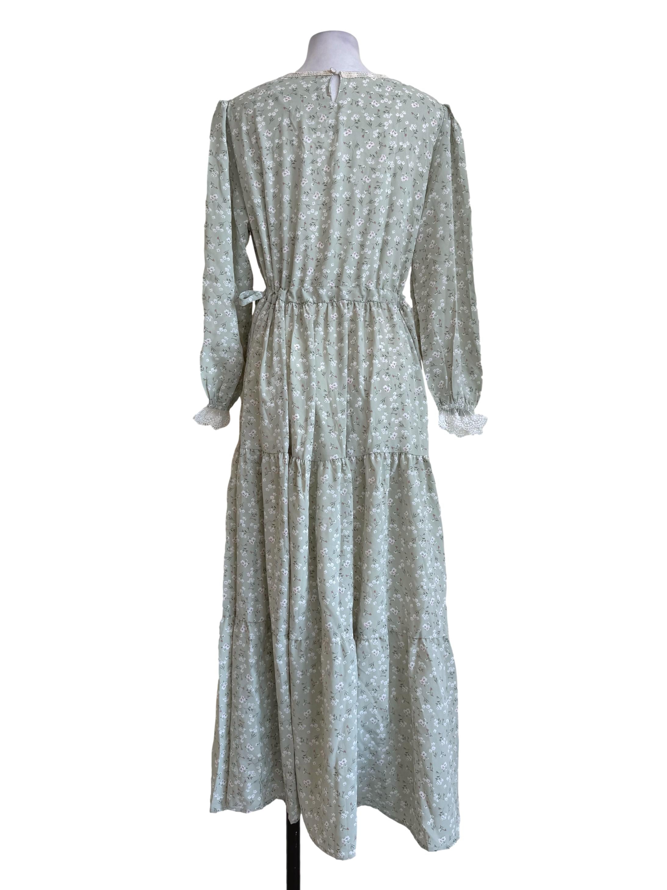 Pale Matcha With Floral Motif Long Sleeve Dress