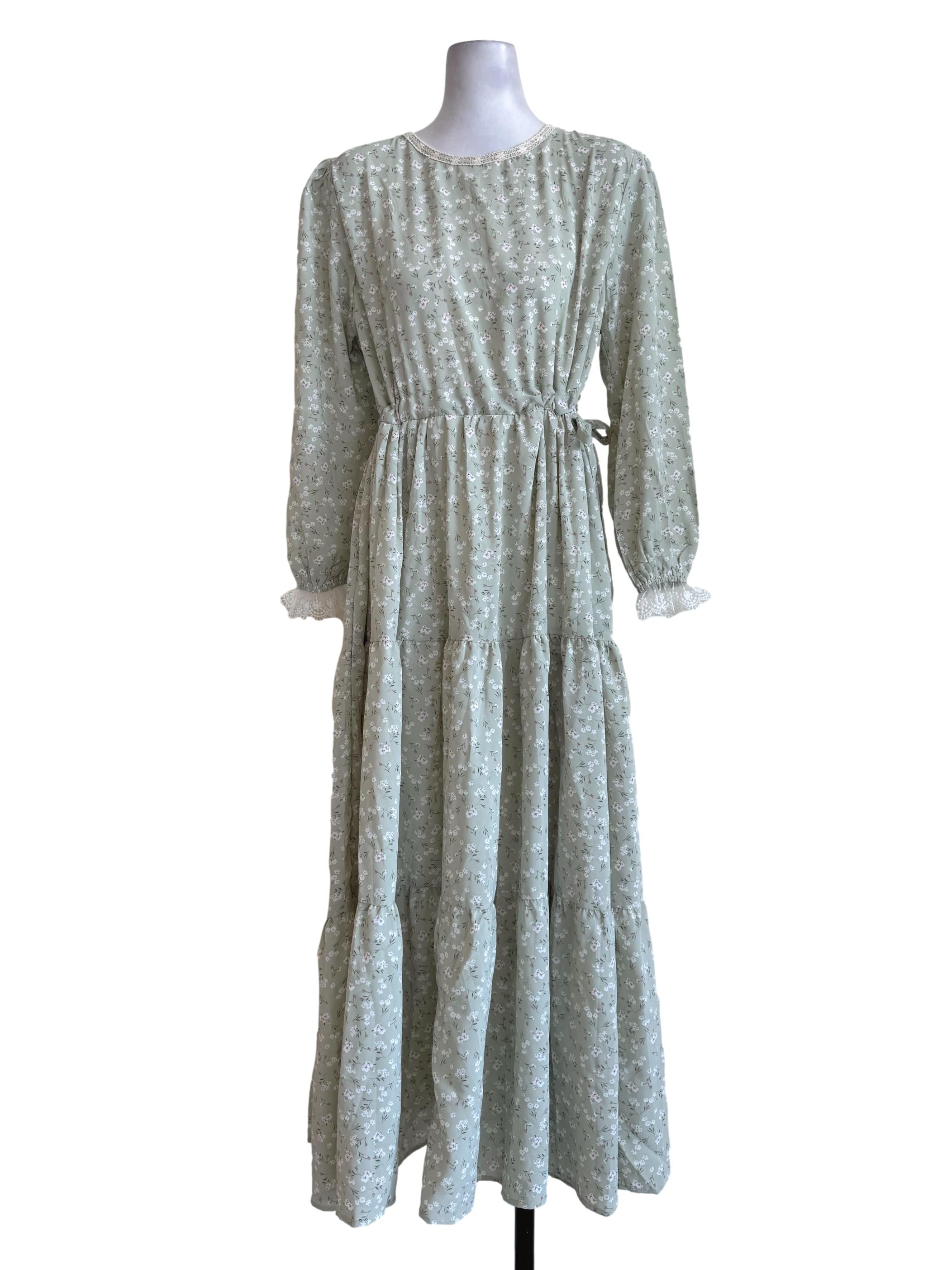 Pale Matcha With Floral Motif Long Sleeve Dress