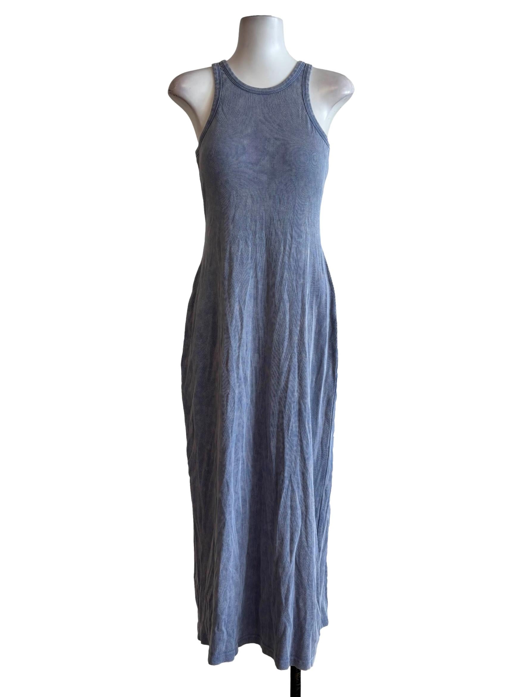 Greyish Blue Sleeveless Ribbed Dress