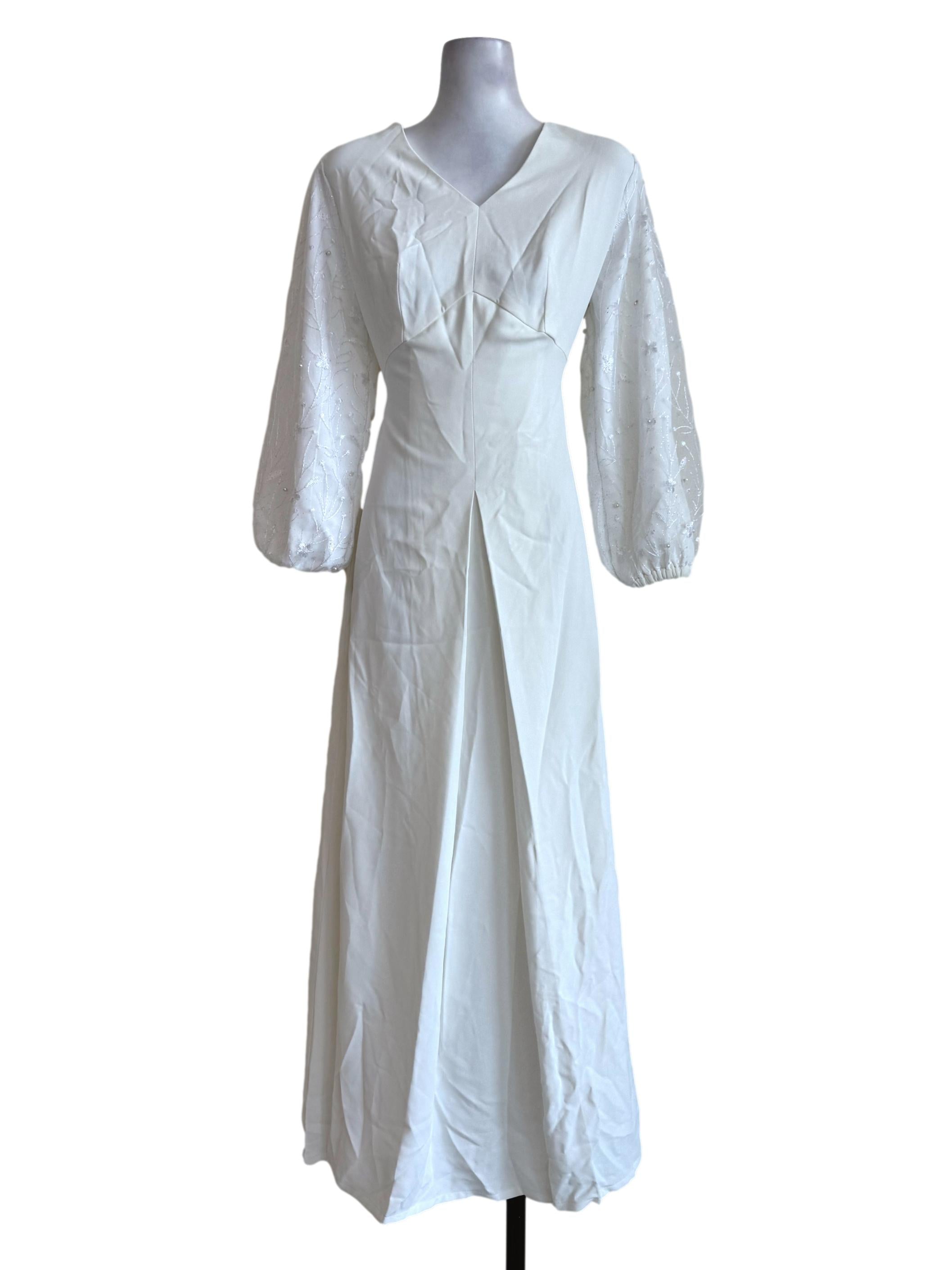 Bride White V Neck Lace Sleeve Dress