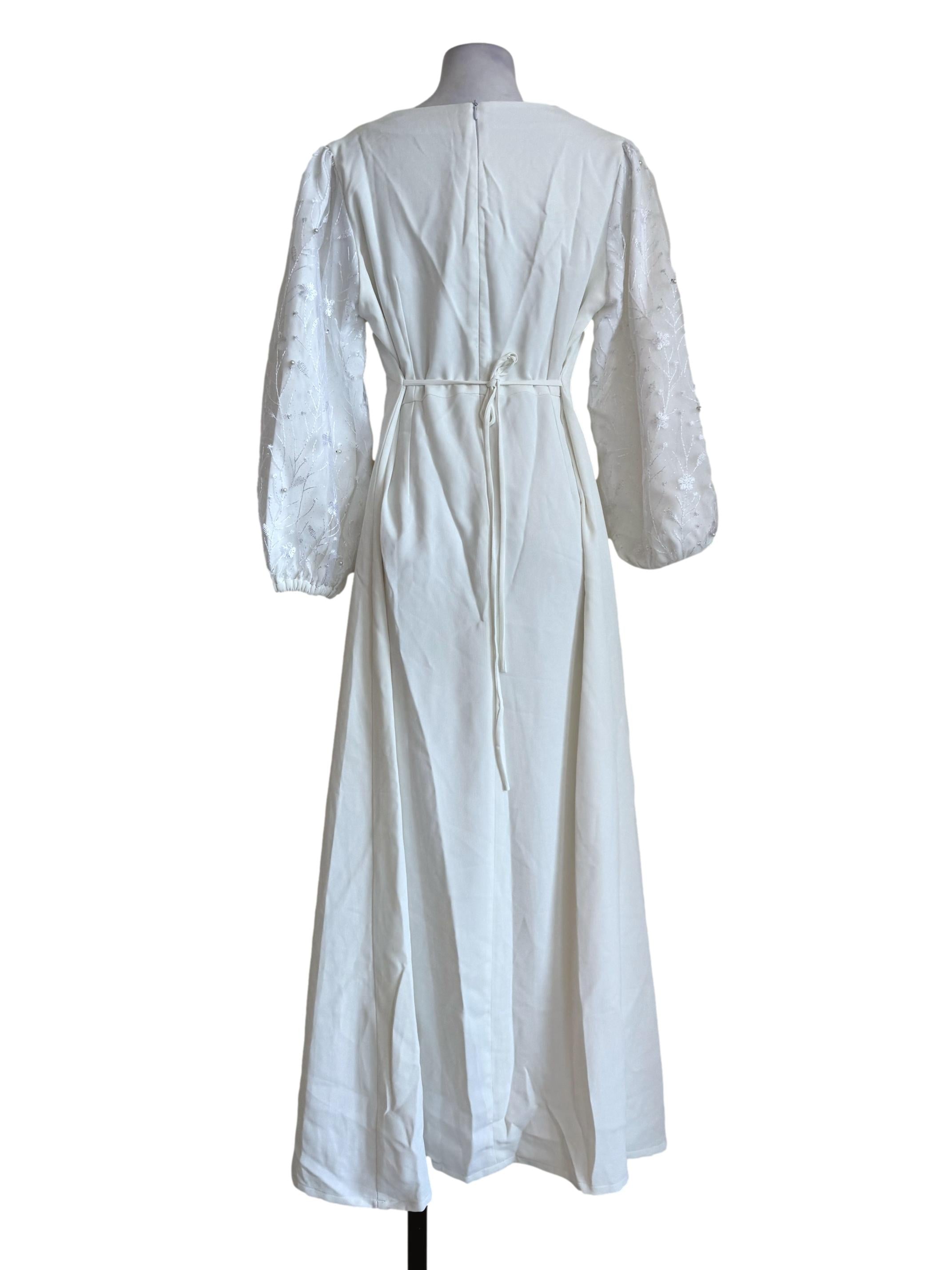 Bride White V Neck Lace Sleeve Dress