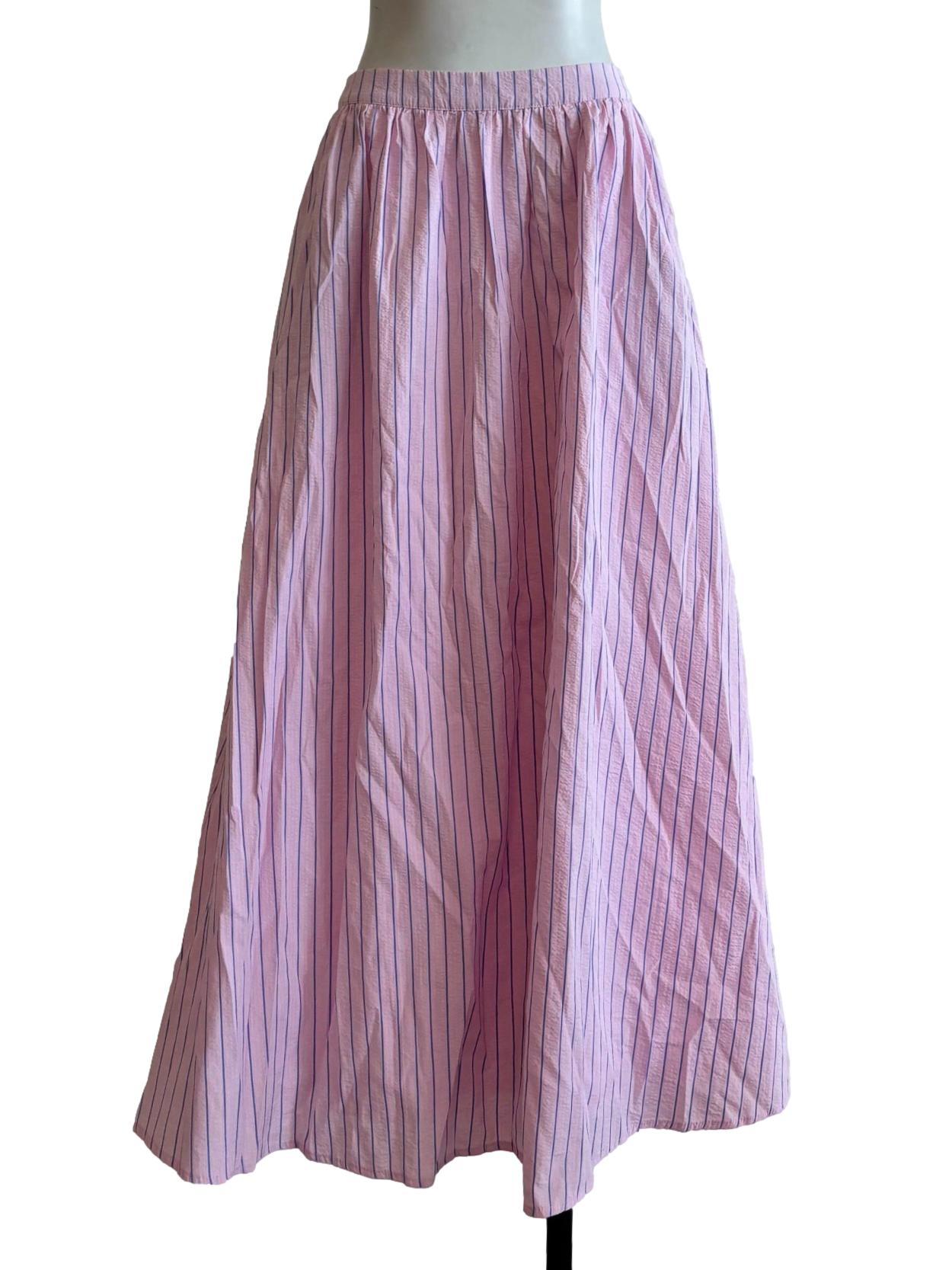Pink Striped Cotton Flare Skirt