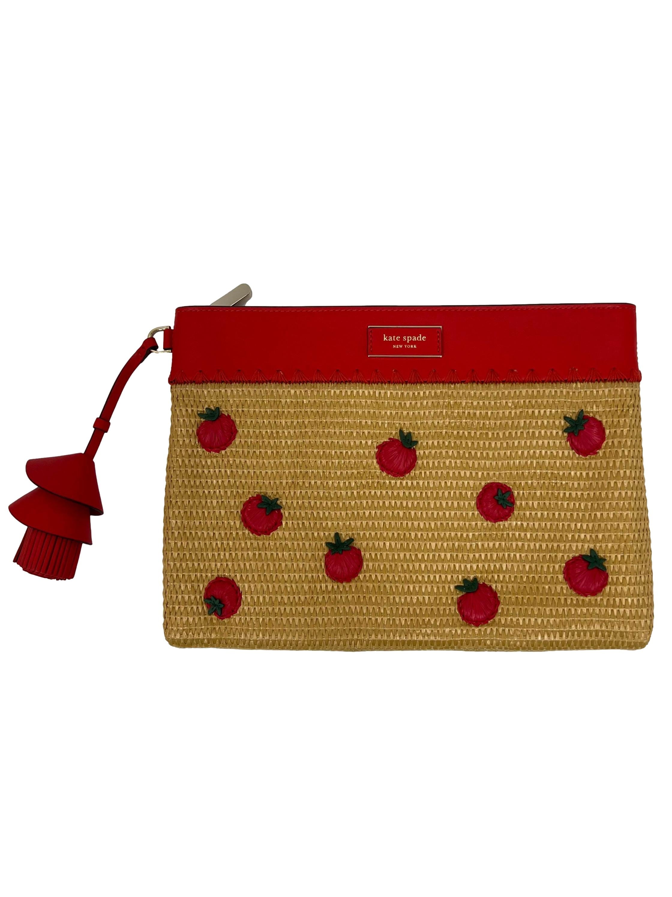 Red Roma Embellished Tomato Straw Clutch