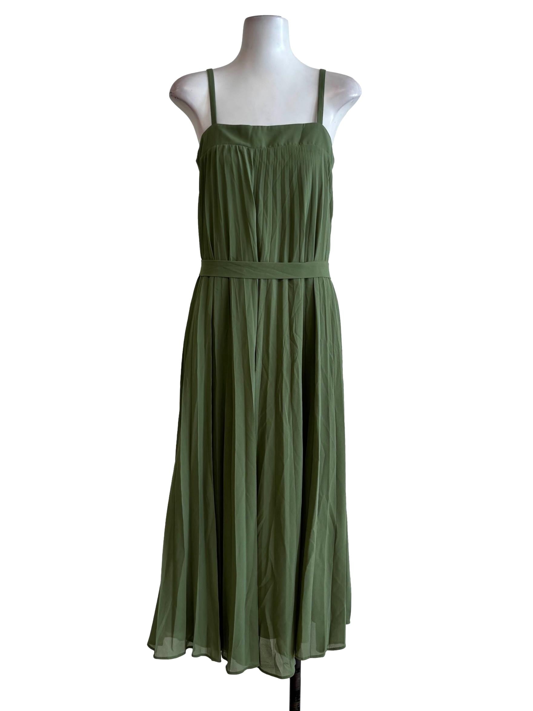Avocado Green Sleeveless Pleated Dress