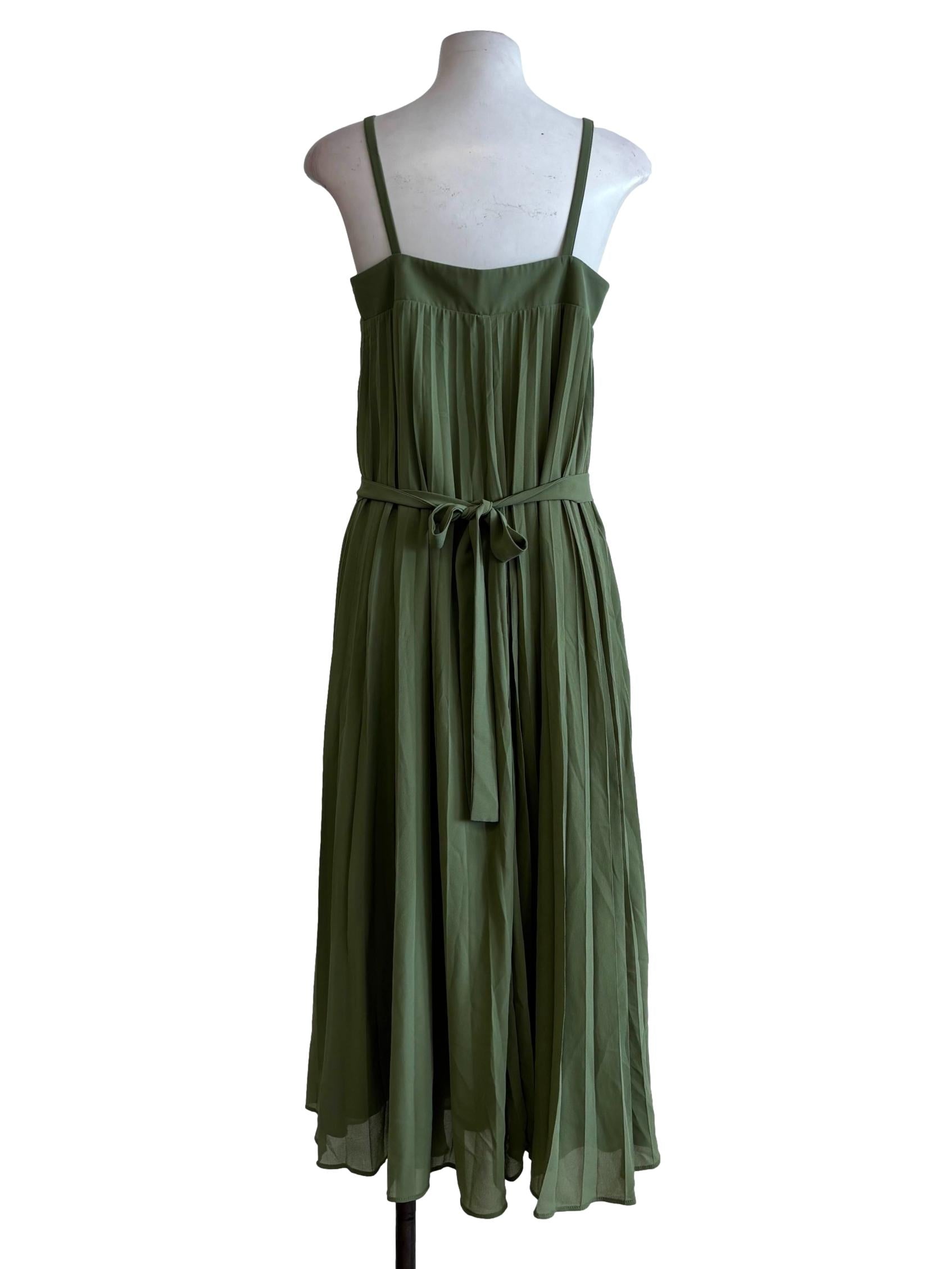 Avocado Green Sleeveless Pleated Dress