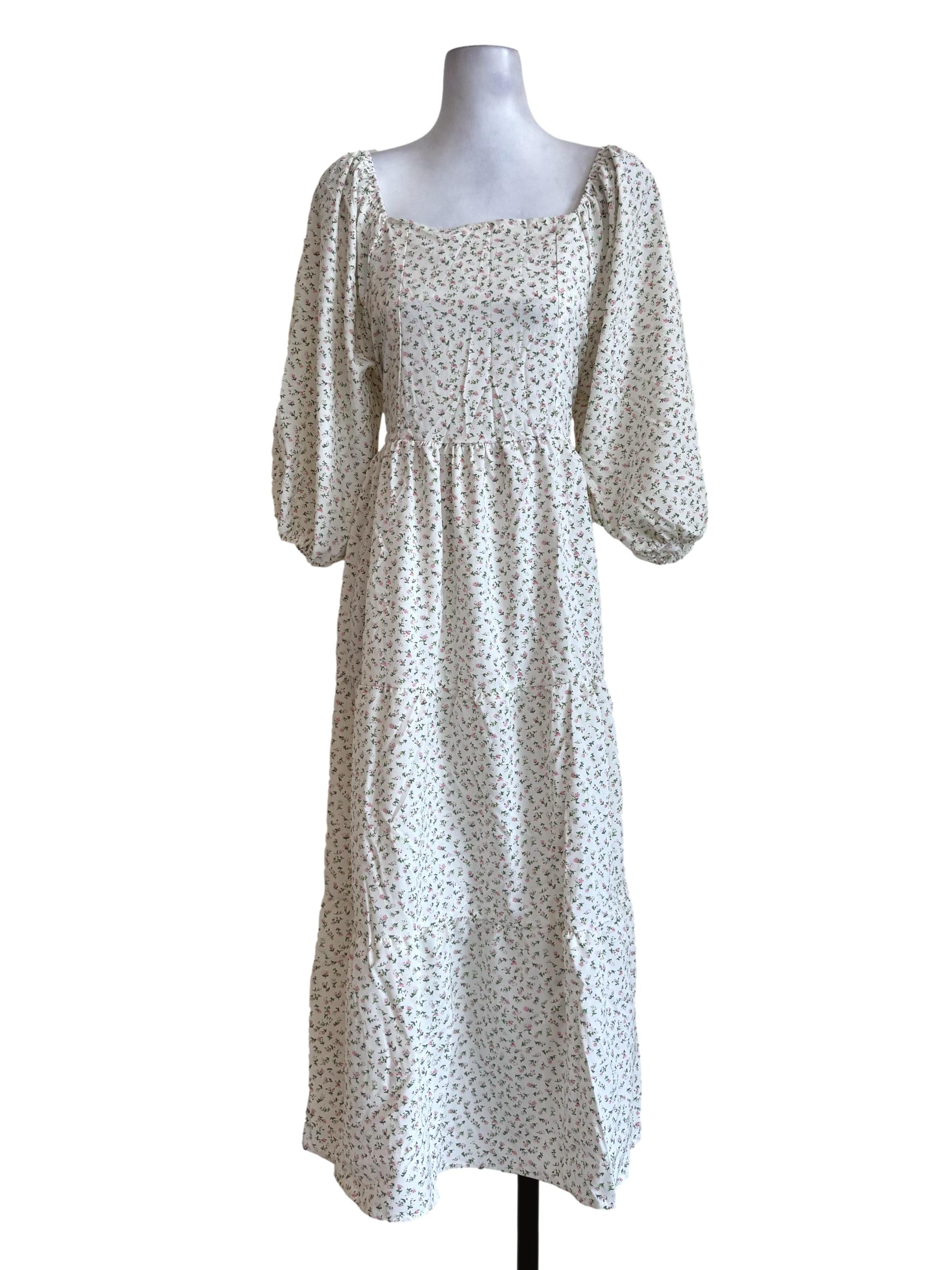 Dakota White With Floral Motif Square Neck Dress
