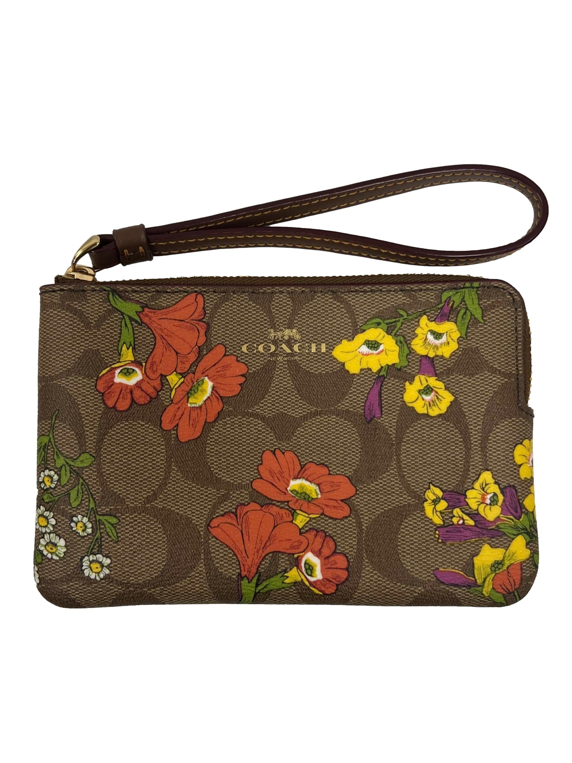 Khaki Corner Zip Signature Floral Wristlet
