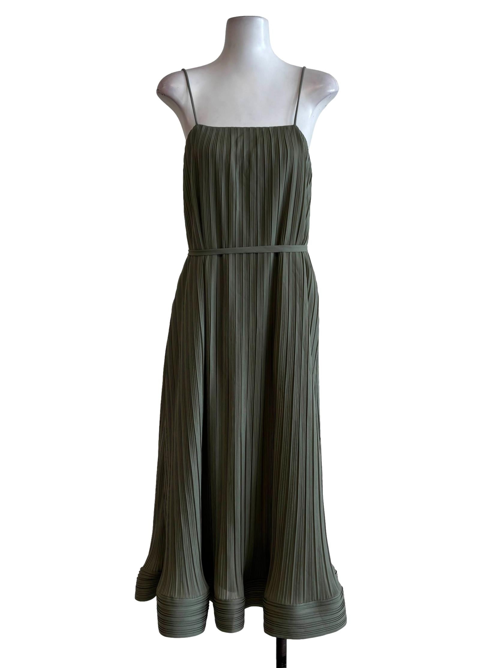 Basil Green Spaghetti Strap Pleated Dress