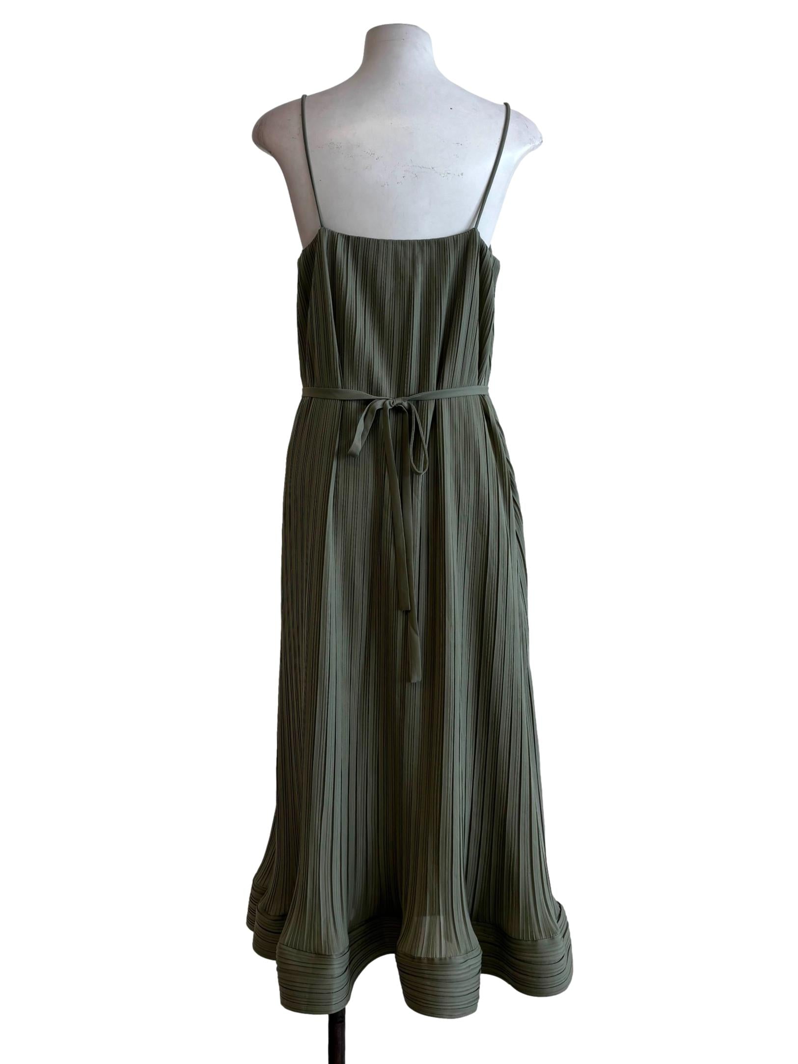 Basil Green Spaghetti Strap Pleated Dress