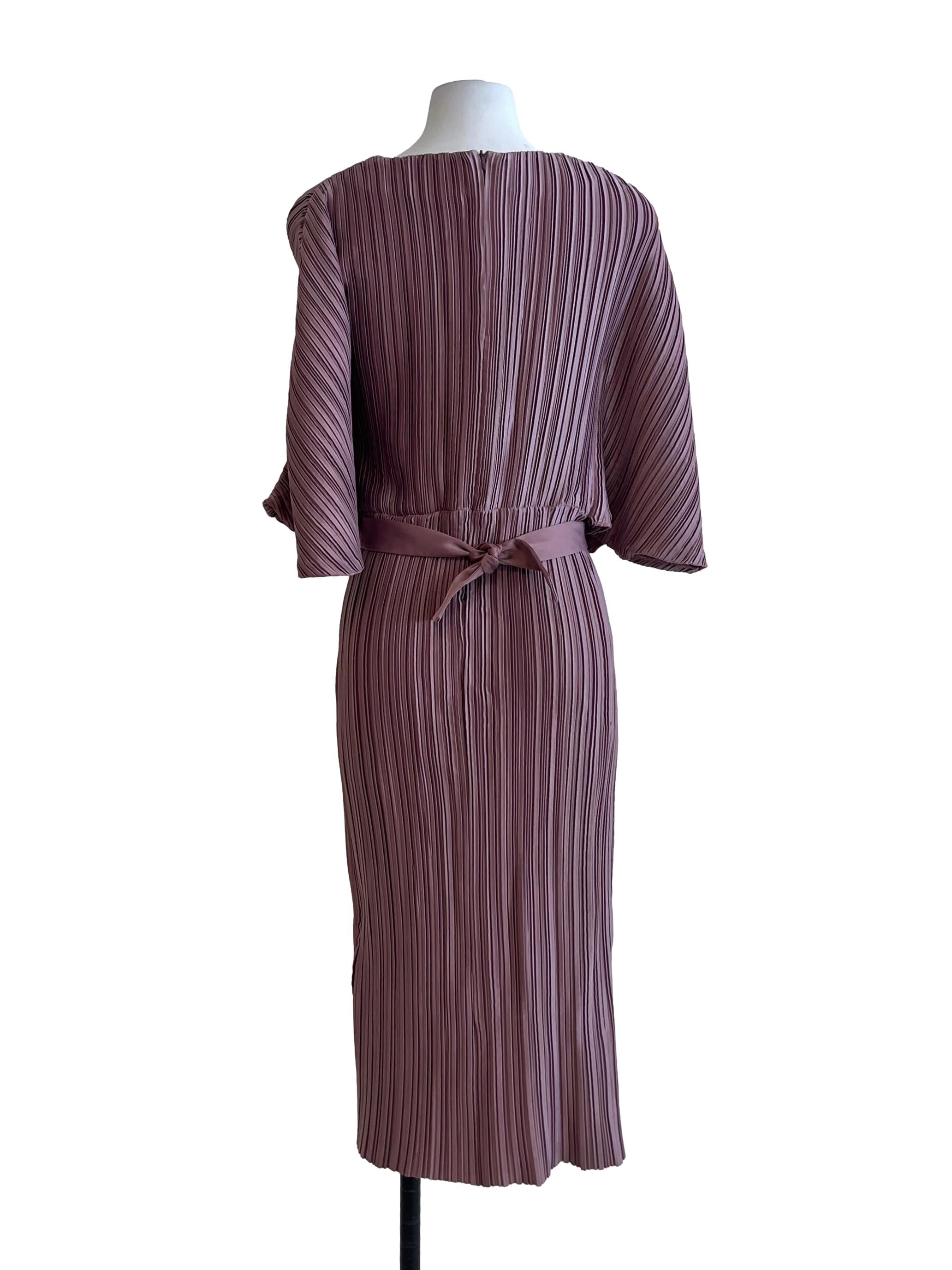 Magenta Purple V-Neck Pleated Dress