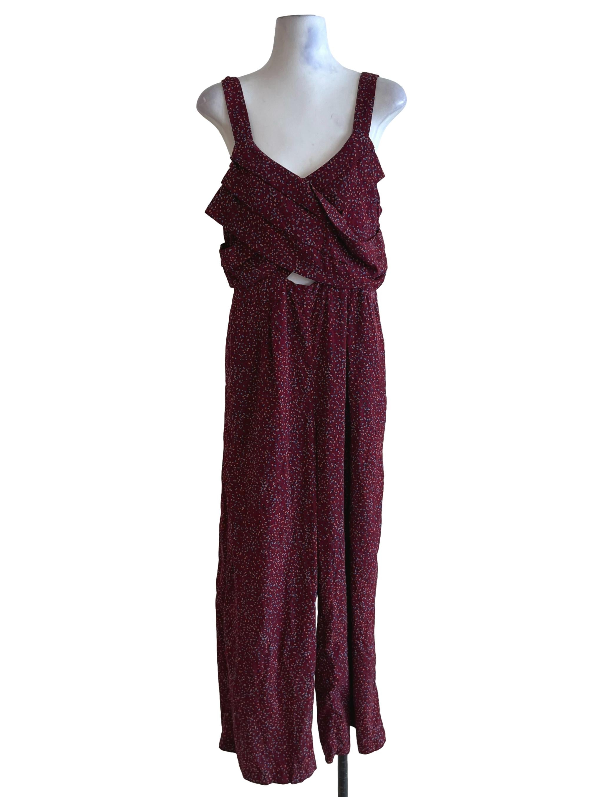 Wine Red Polka Dot Pleats Jumpsuit