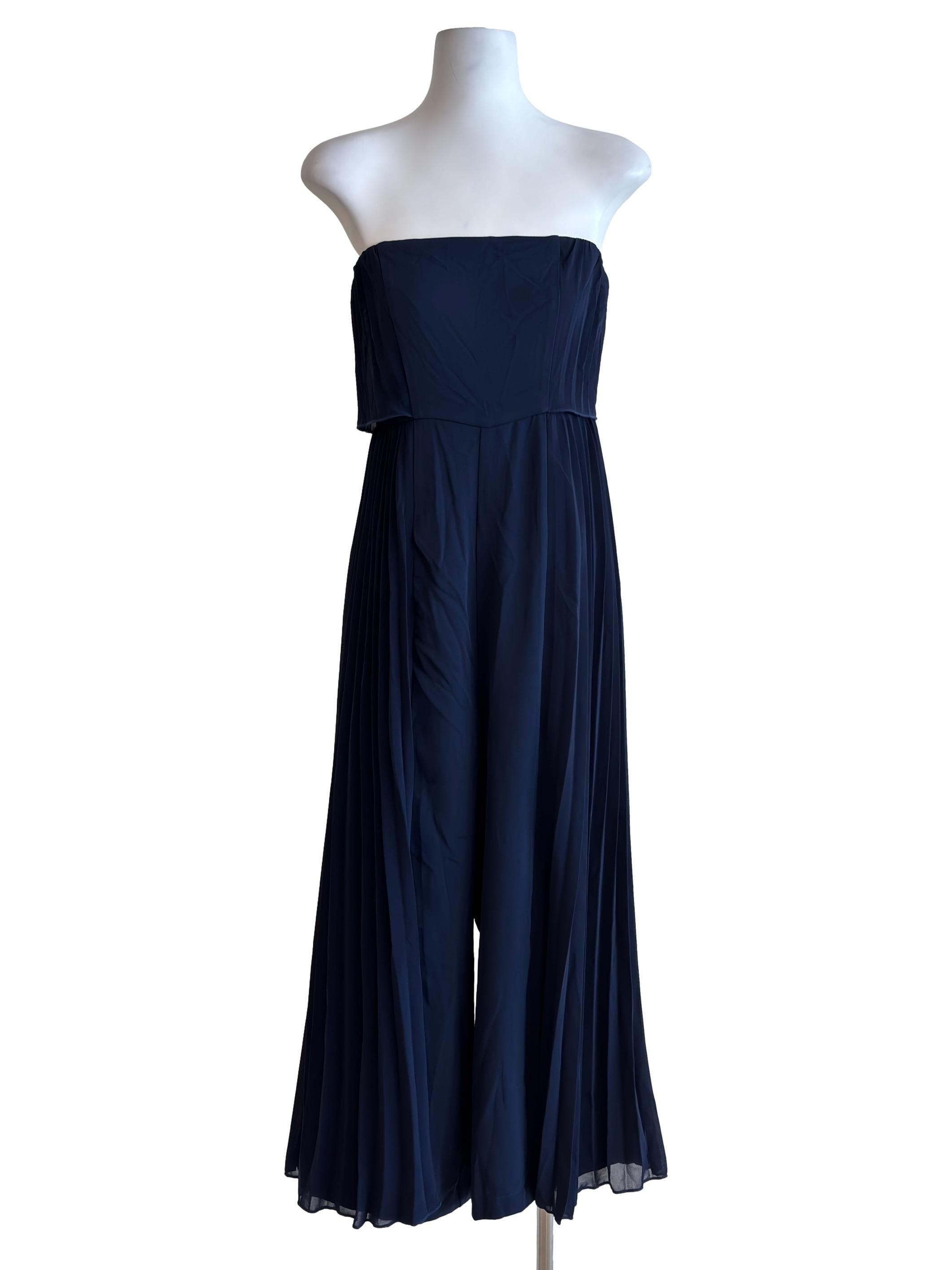 Navy Blue Flowy Pleats Strapless Jumpsuit