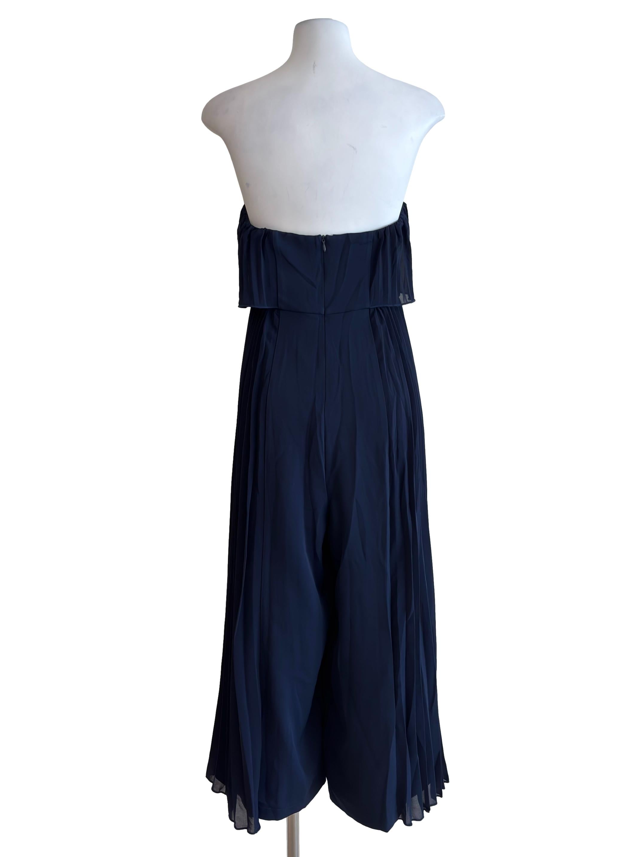 Navy Blue Flowy Pleats Strapless Jumpsuit