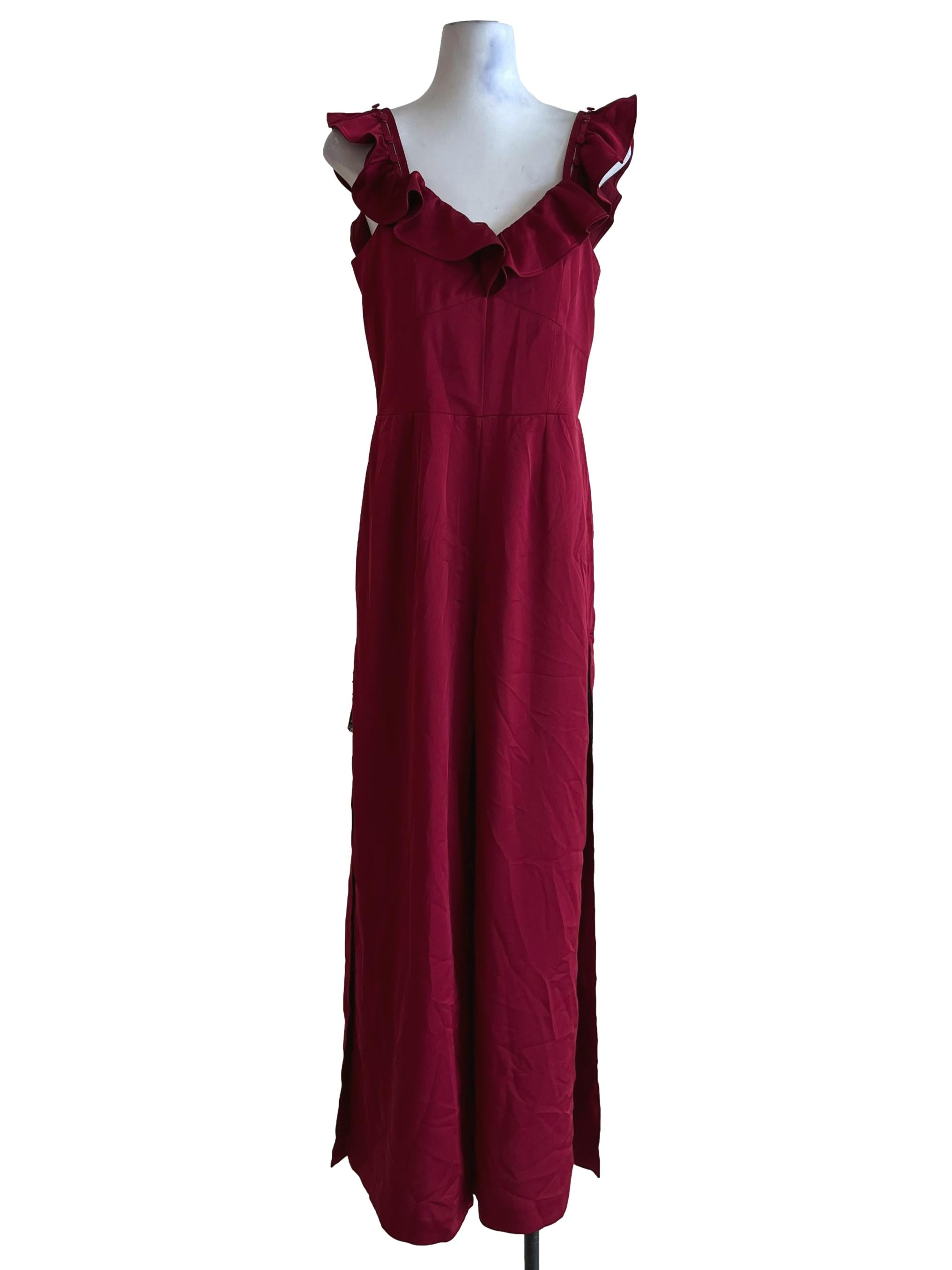 Ruby Red Ruffle Neckline Jumpsuit