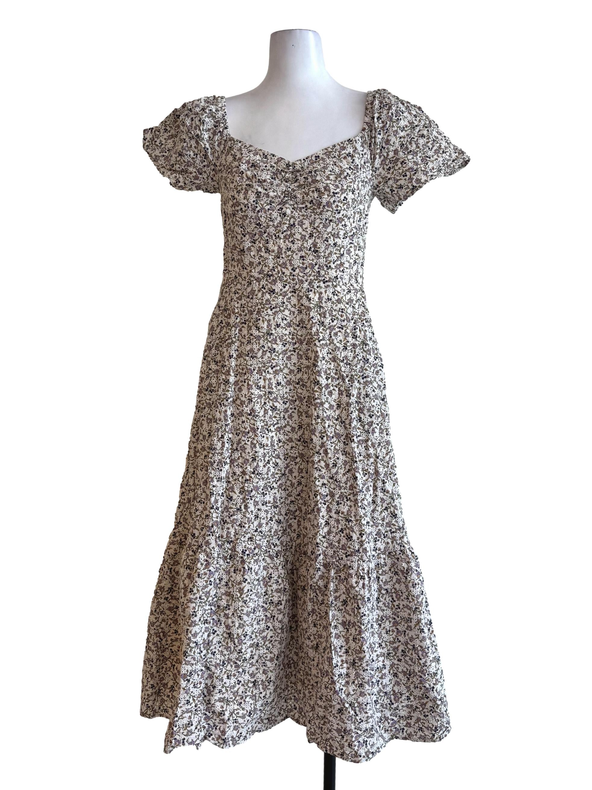 Multi-Color Embroidery Queen Anne Neck Dress