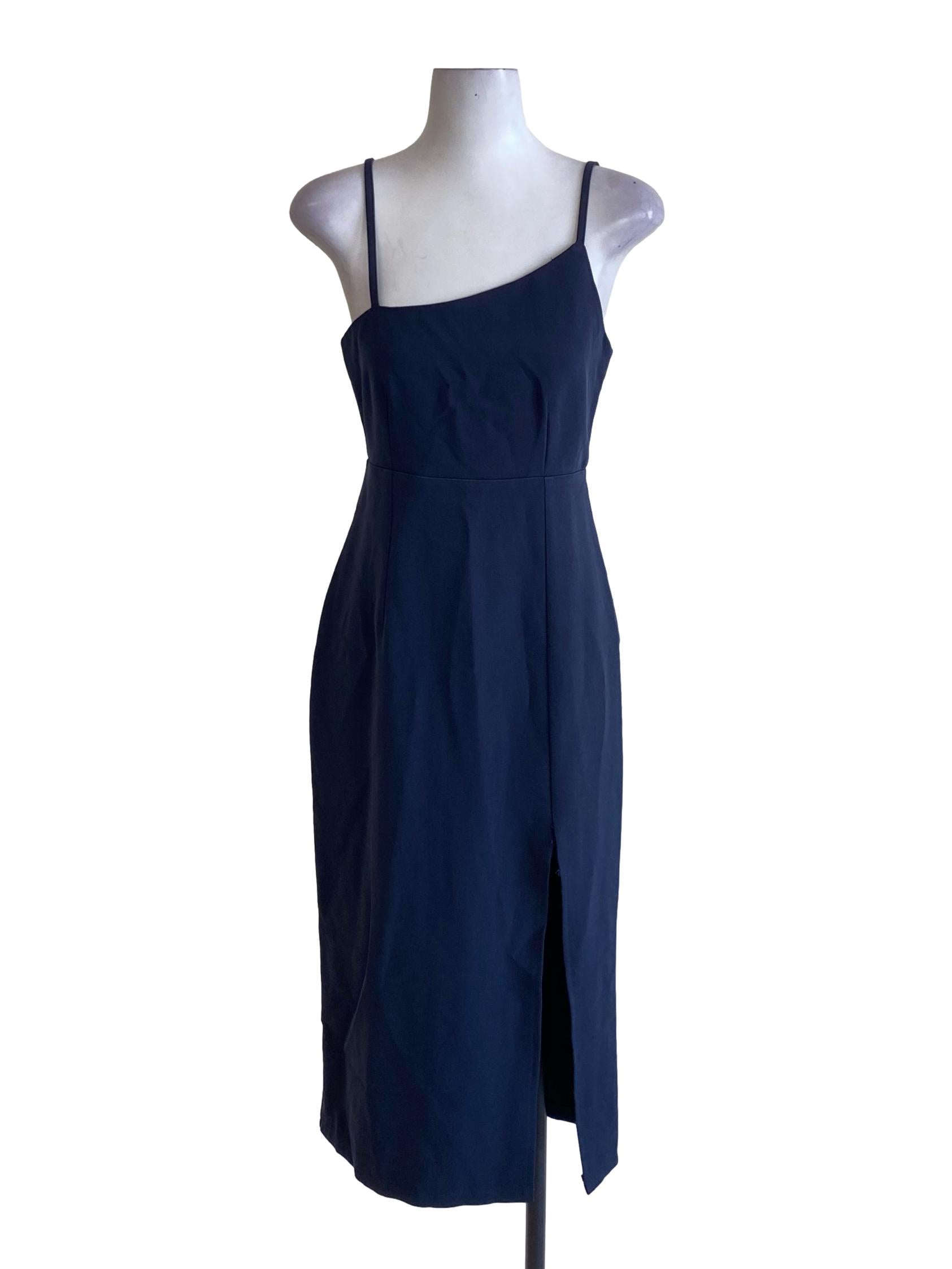 Midnight Blue Asymmetrical Neck Spaghetti Strap Slit Dress