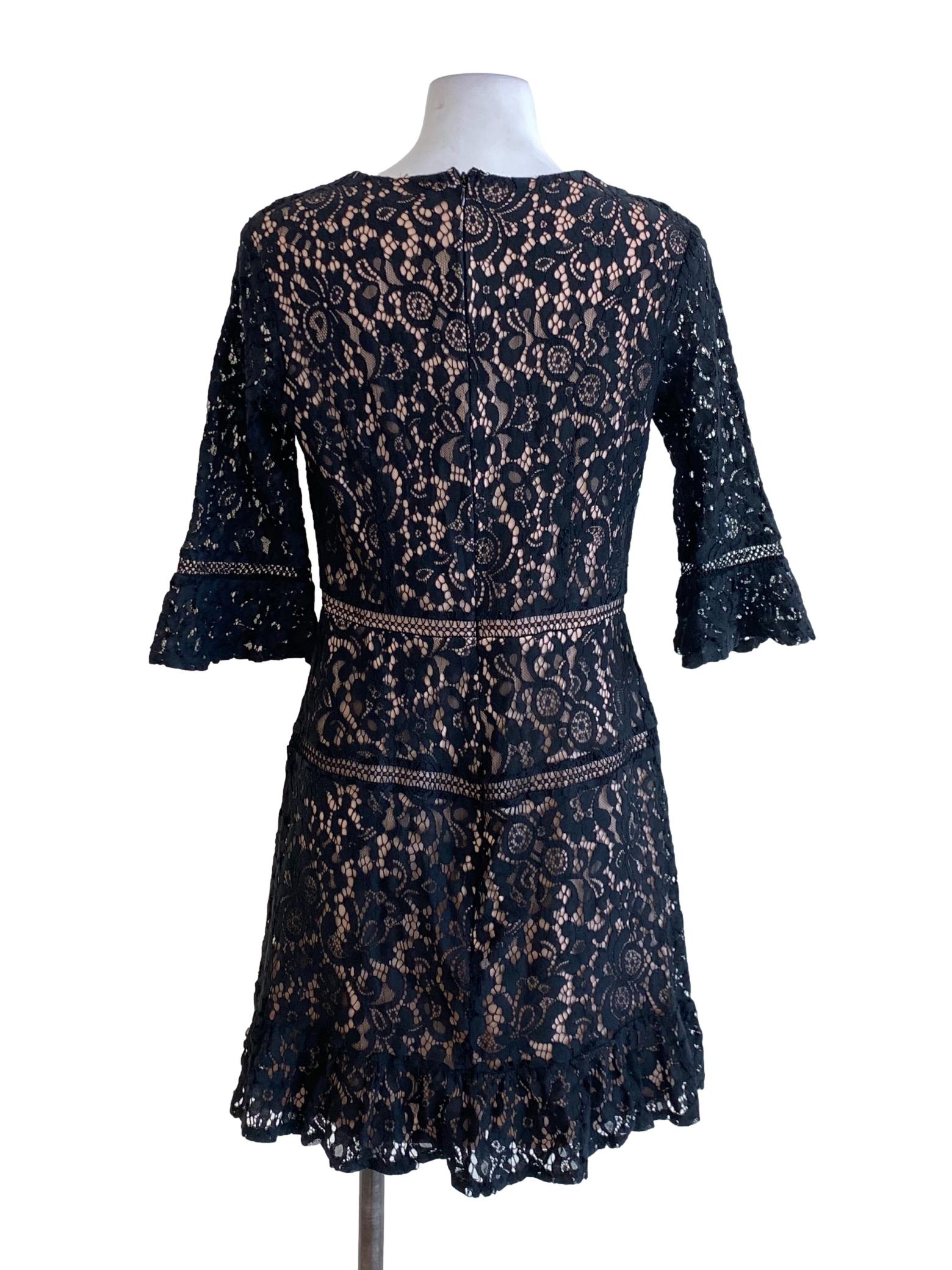 Coal Black Floral Lace Ruffle Hem Dress
