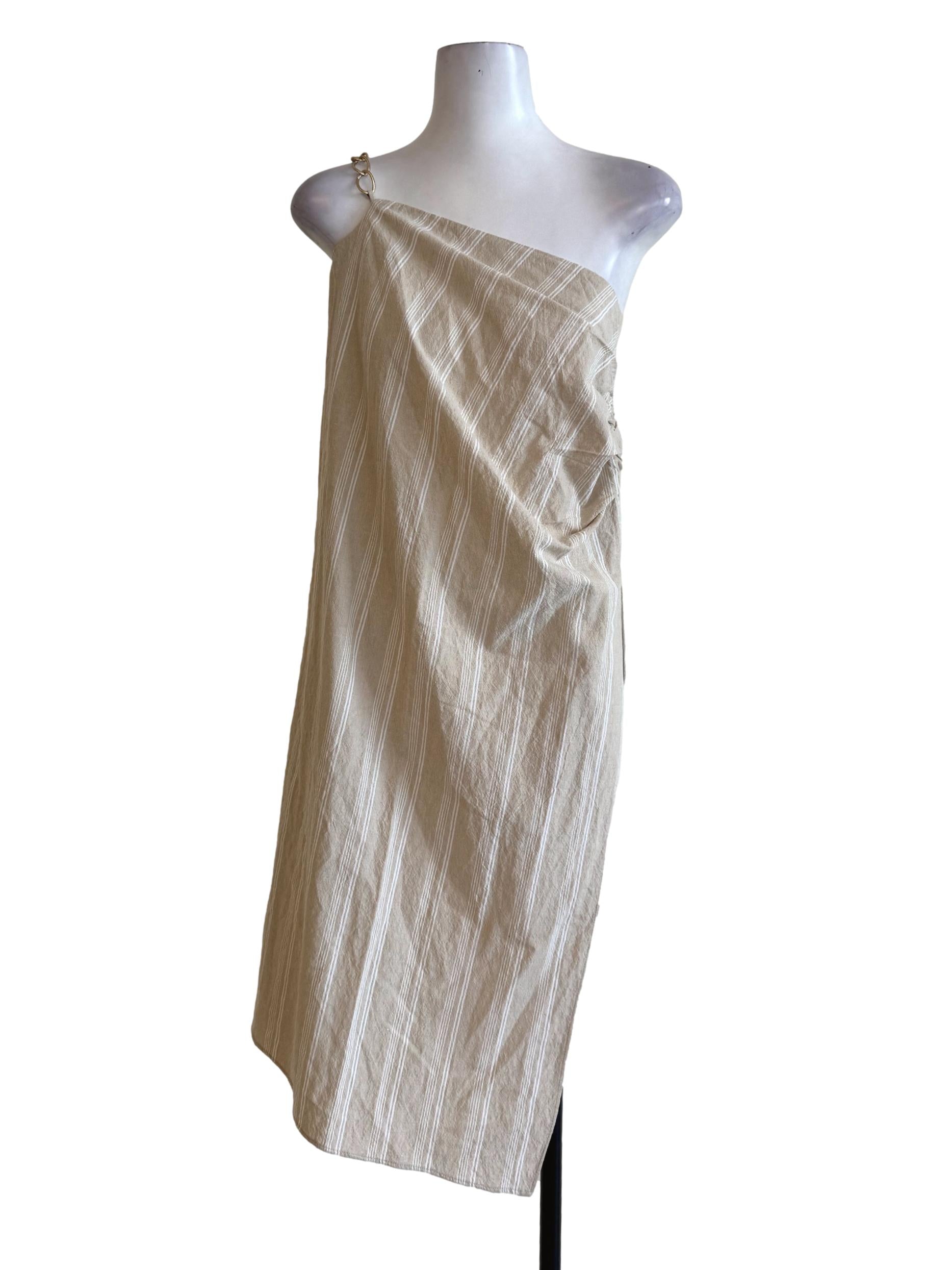 Wheat Beige Stripes With Golden Chain Sleeve Dress