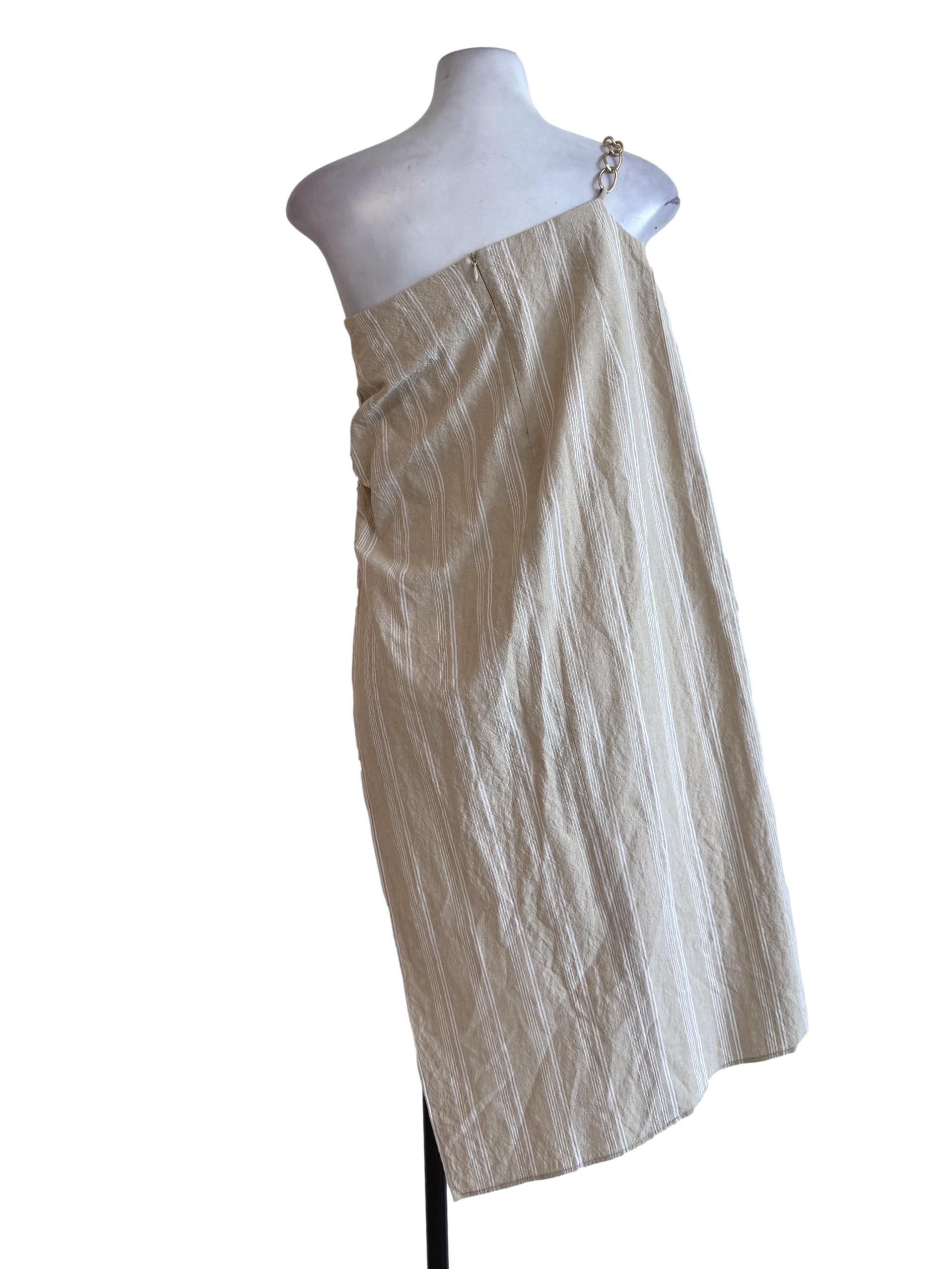 Wheat Beige Stripes With Golden Chain Sleeve Dress