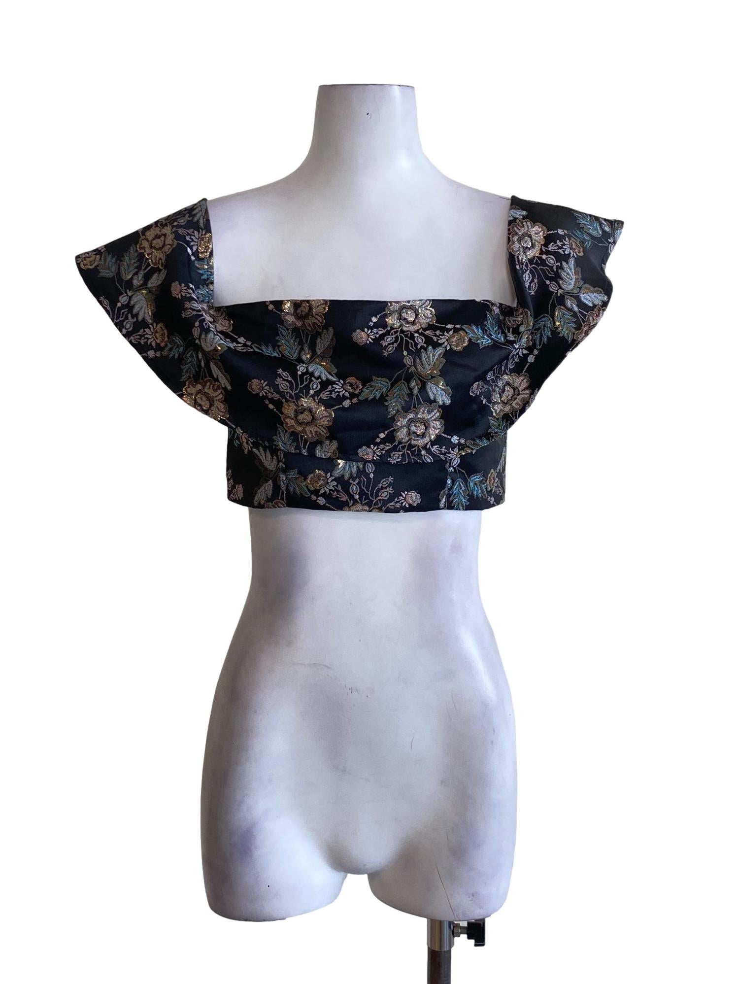 Jet Black Floral Printed Off Shoulder Cropped Top