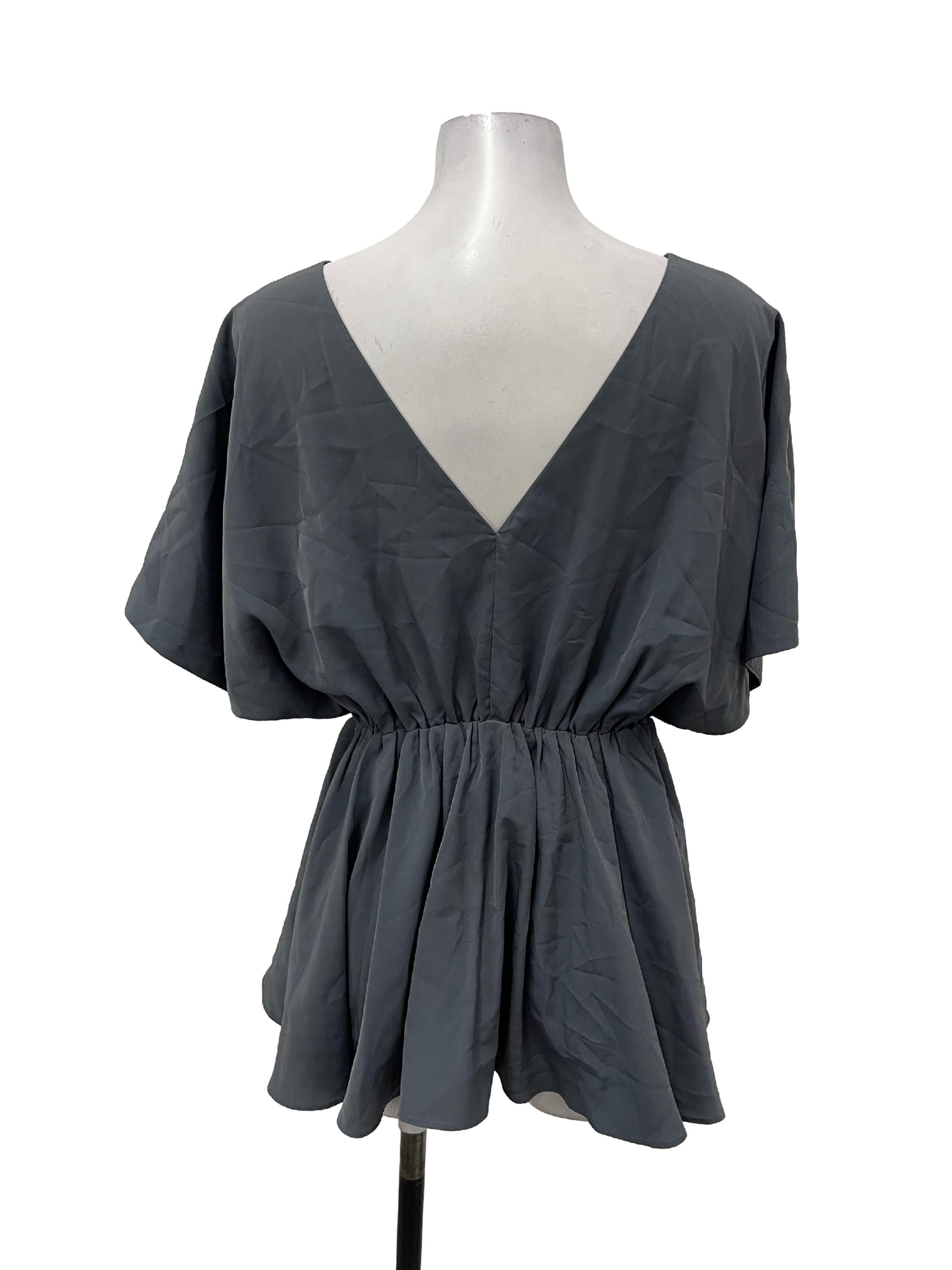 Grey V-Neck Gathered Peplum Blouse OSN