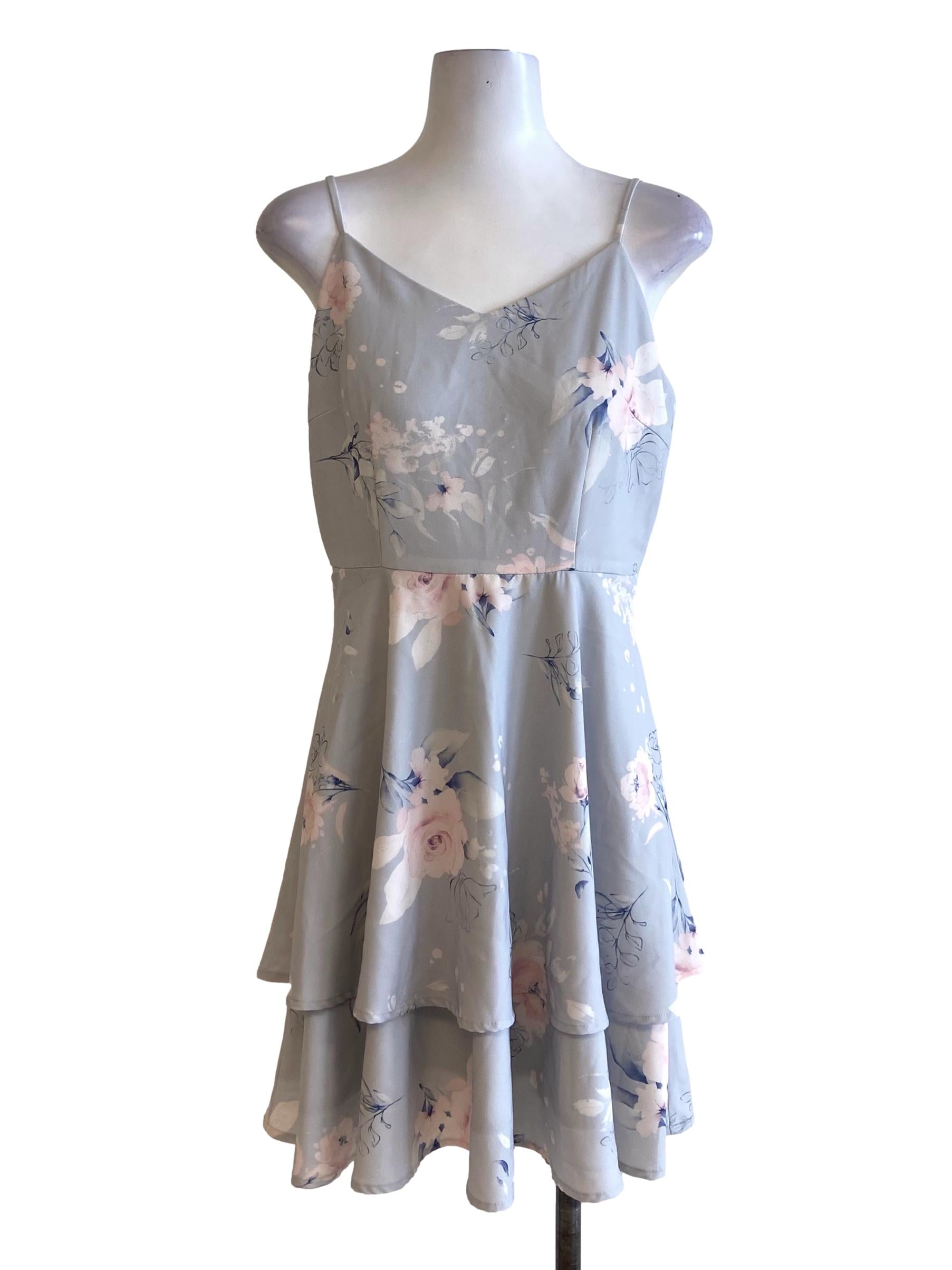 Sky Blue Floral Spaghetti Strap Layered Dress