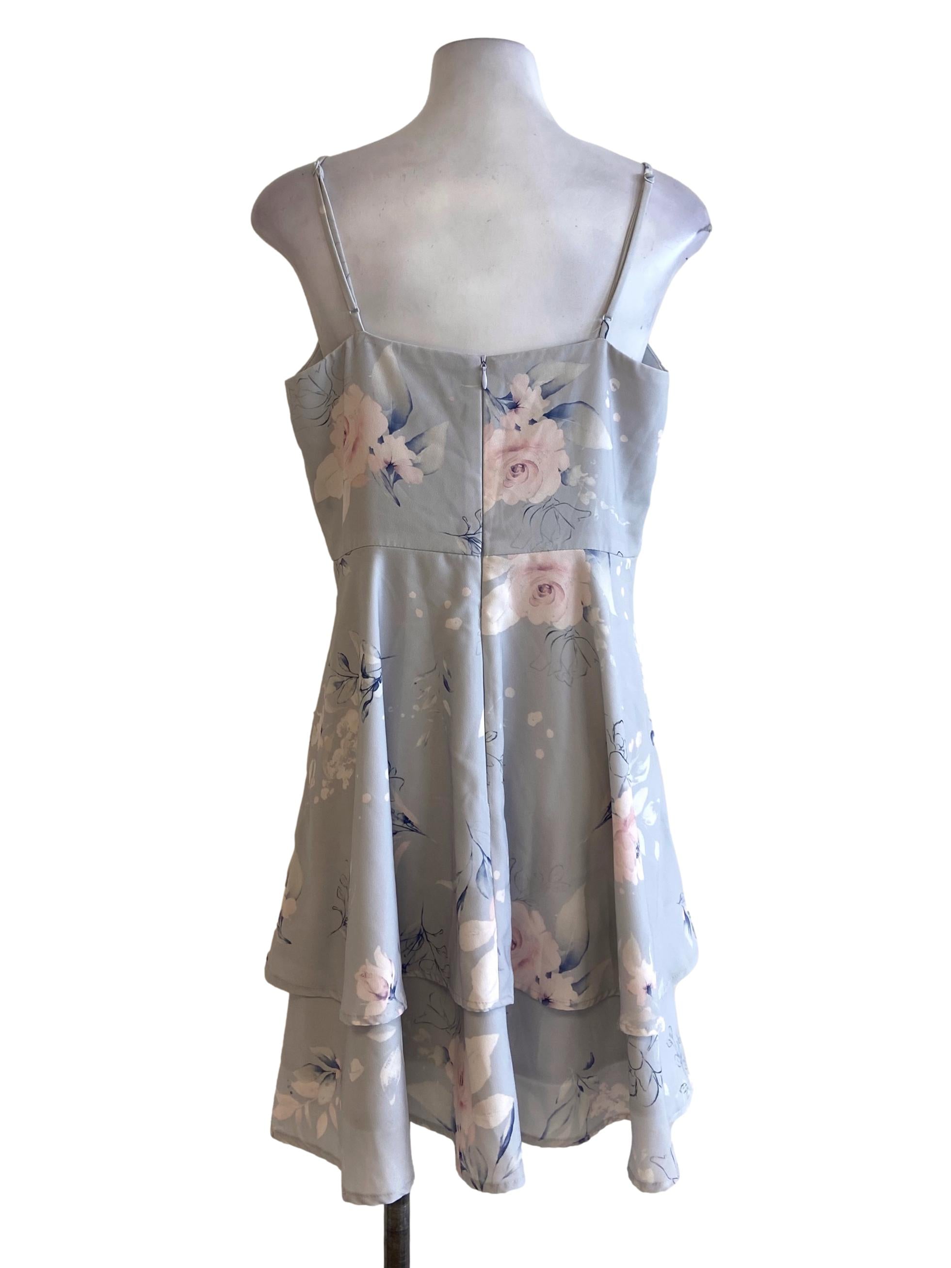 Sky Blue Floral Spaghetti Strap Layered Dress