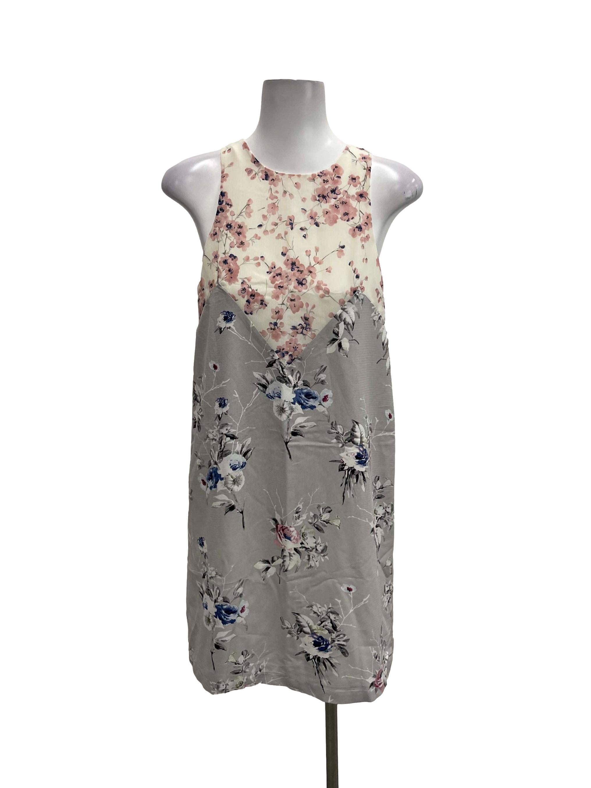 White And Grey Round Neck Sleeveless Dress With Cherry Blossoms