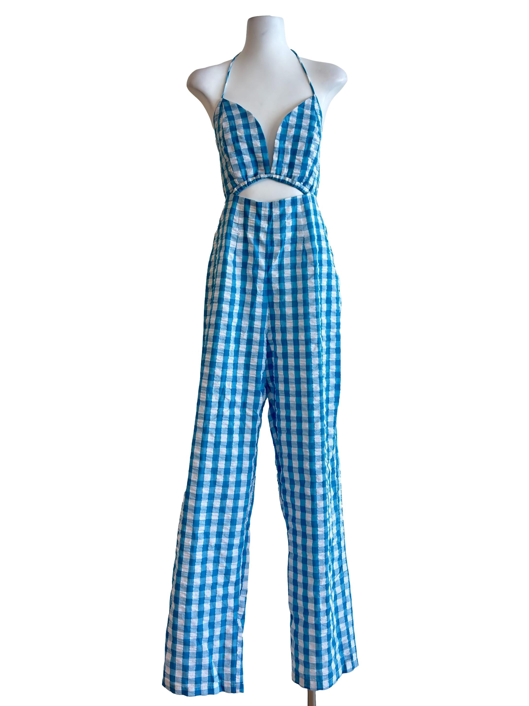 Blue Checkered Cutout Bow Back Halter Jumpsuit