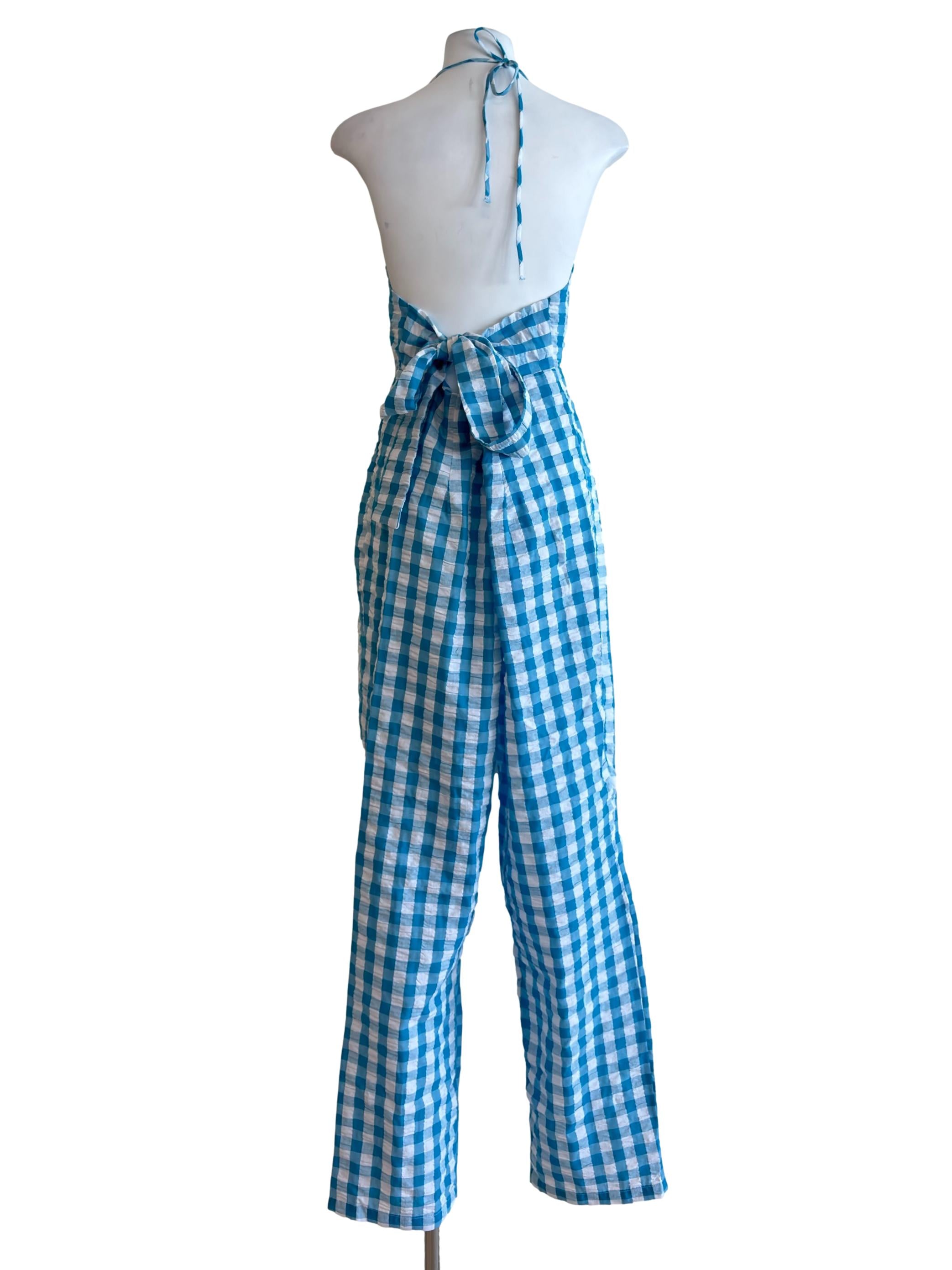 Blue Checkered Cutout Bow Back Halter Jumpsuit