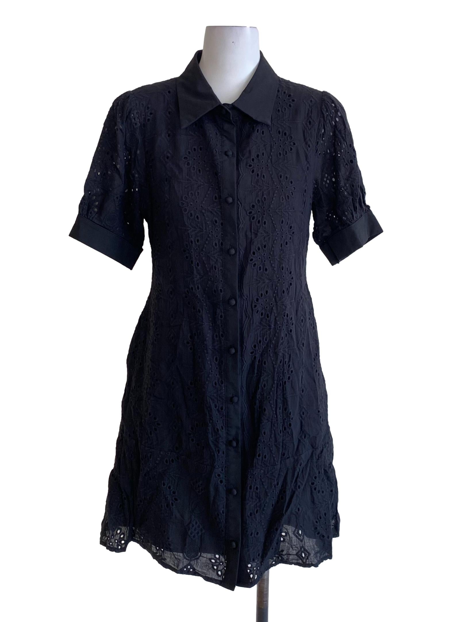 Jet Black Floral Laced Wing Collar Buttoned Down Shirt Dress