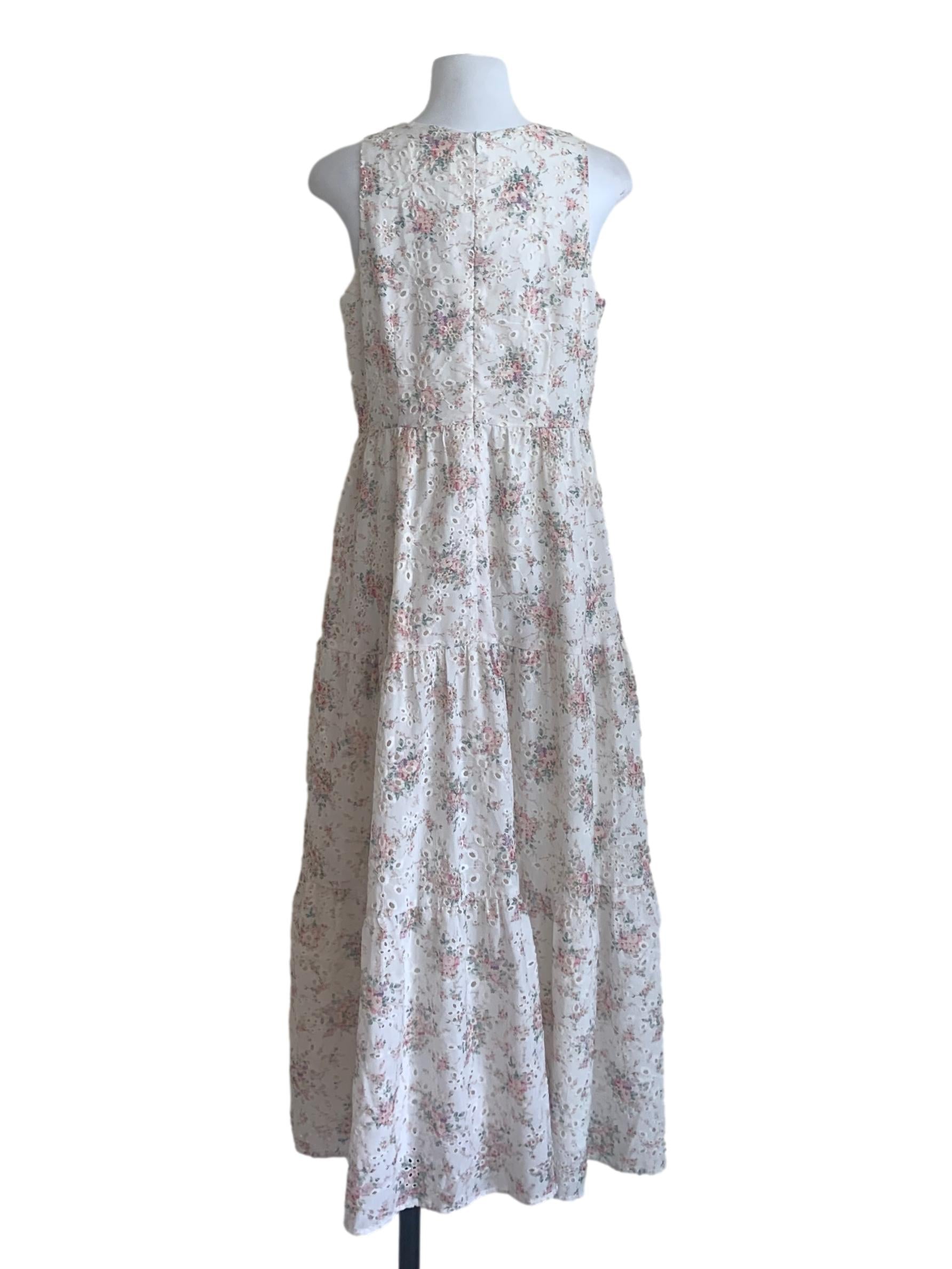 Chiffon White Floral Pattern Drop Waist Dress
