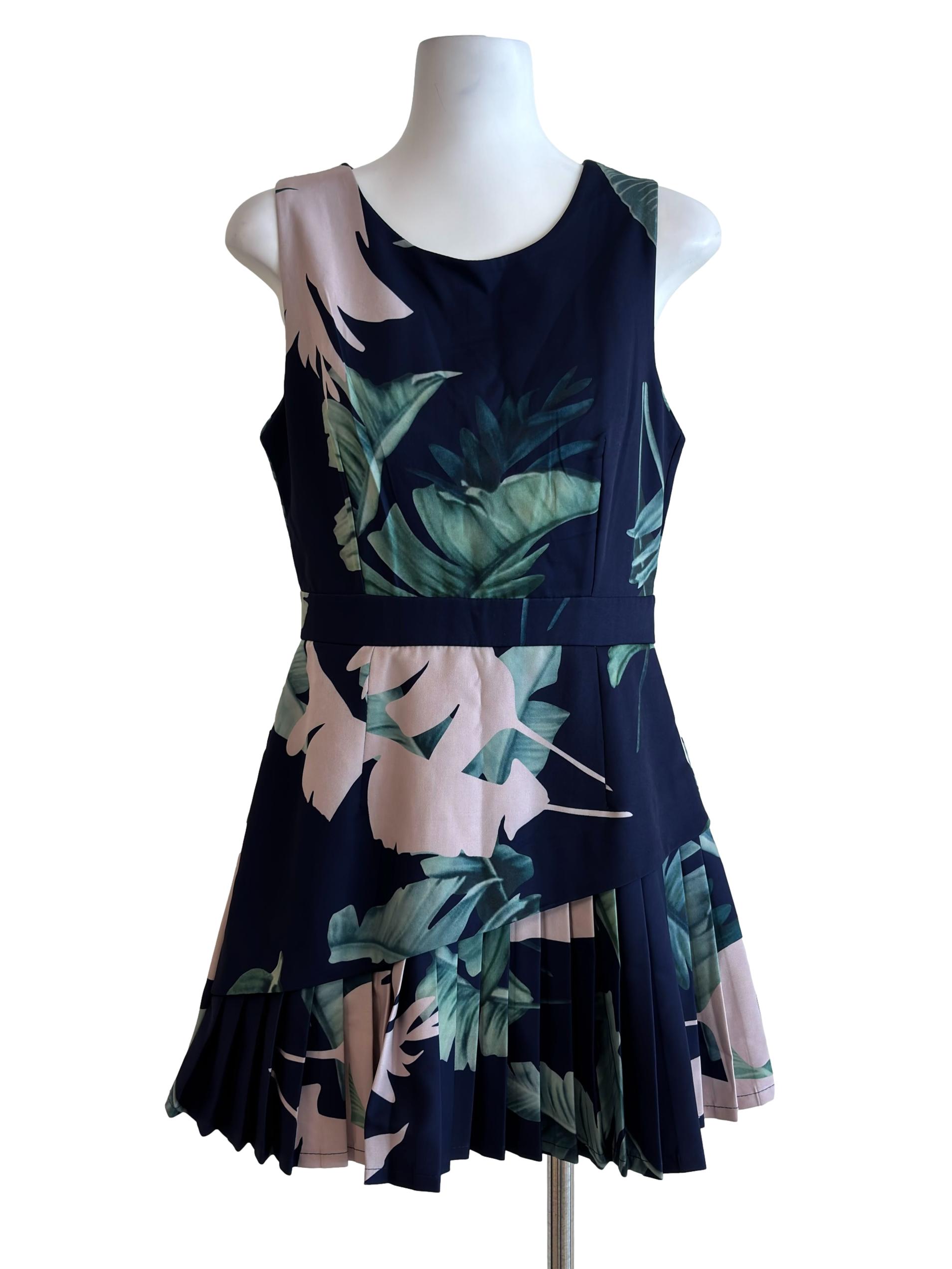 Dark Blue Floral Pleats Detail Romper