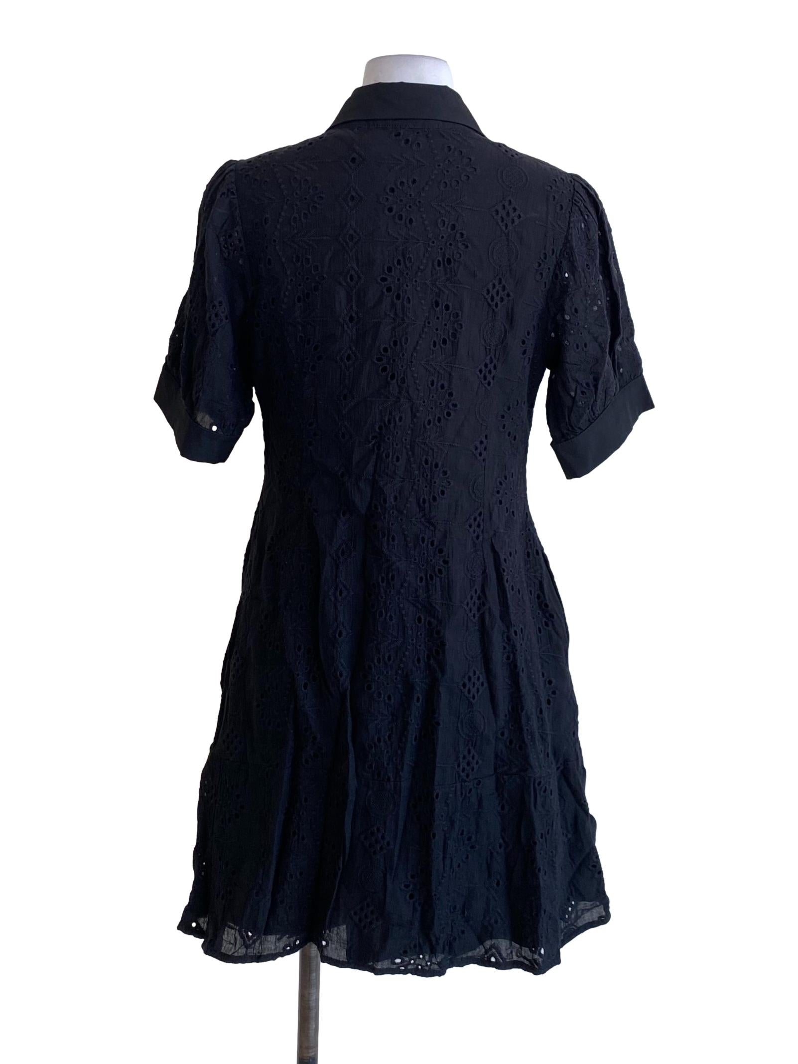 Jet Black Floral Laced Wing Collar Buttoned Down Shirt Dress