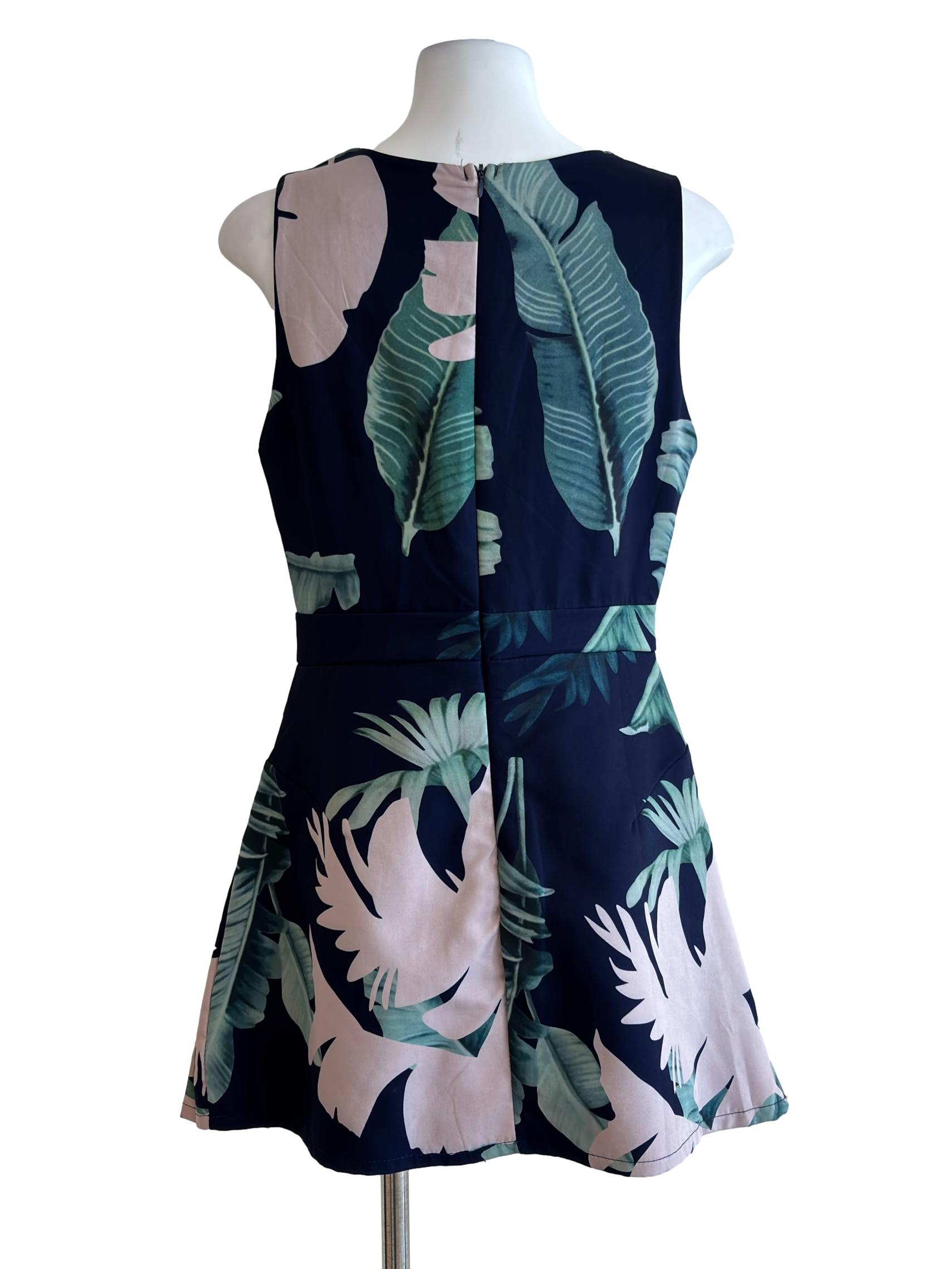 Dark Blue Floral Pleats Detail Romper