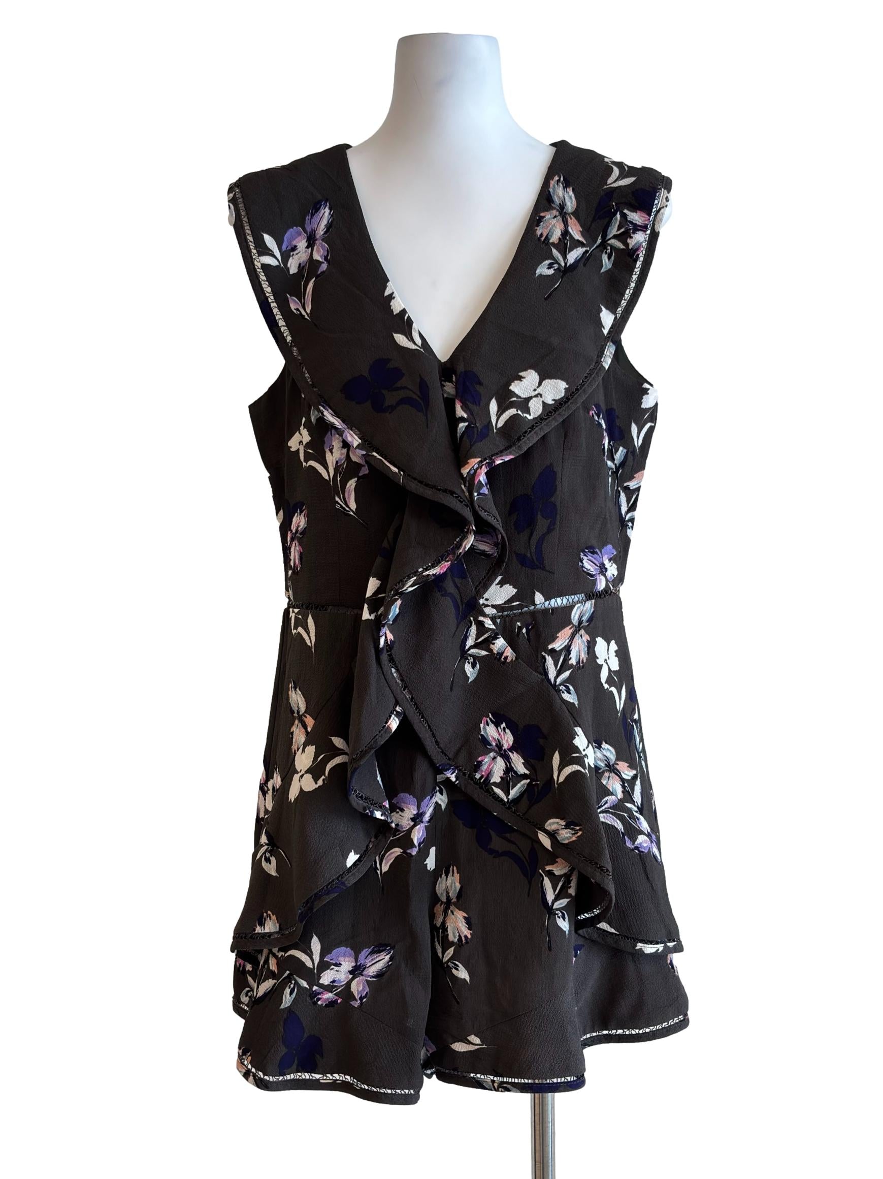 Deep Shadow Grey Floral Ruffle Cutout Romper