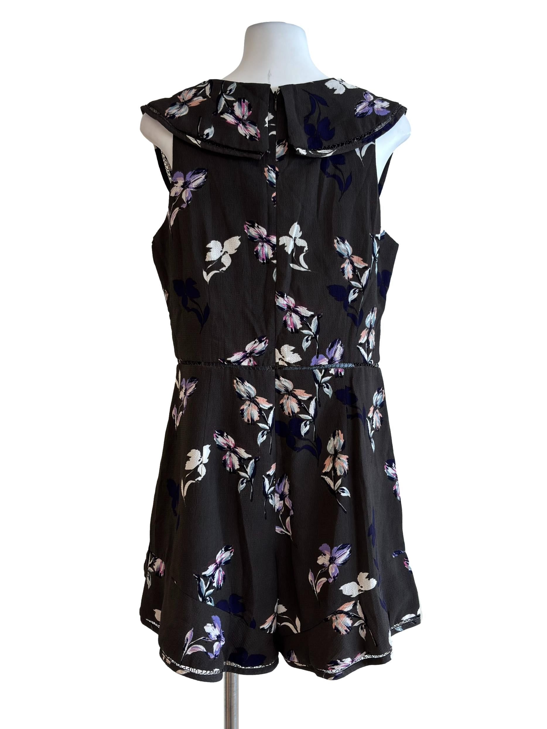 Deep Shadow Grey Floral Ruffle Cutout Romper