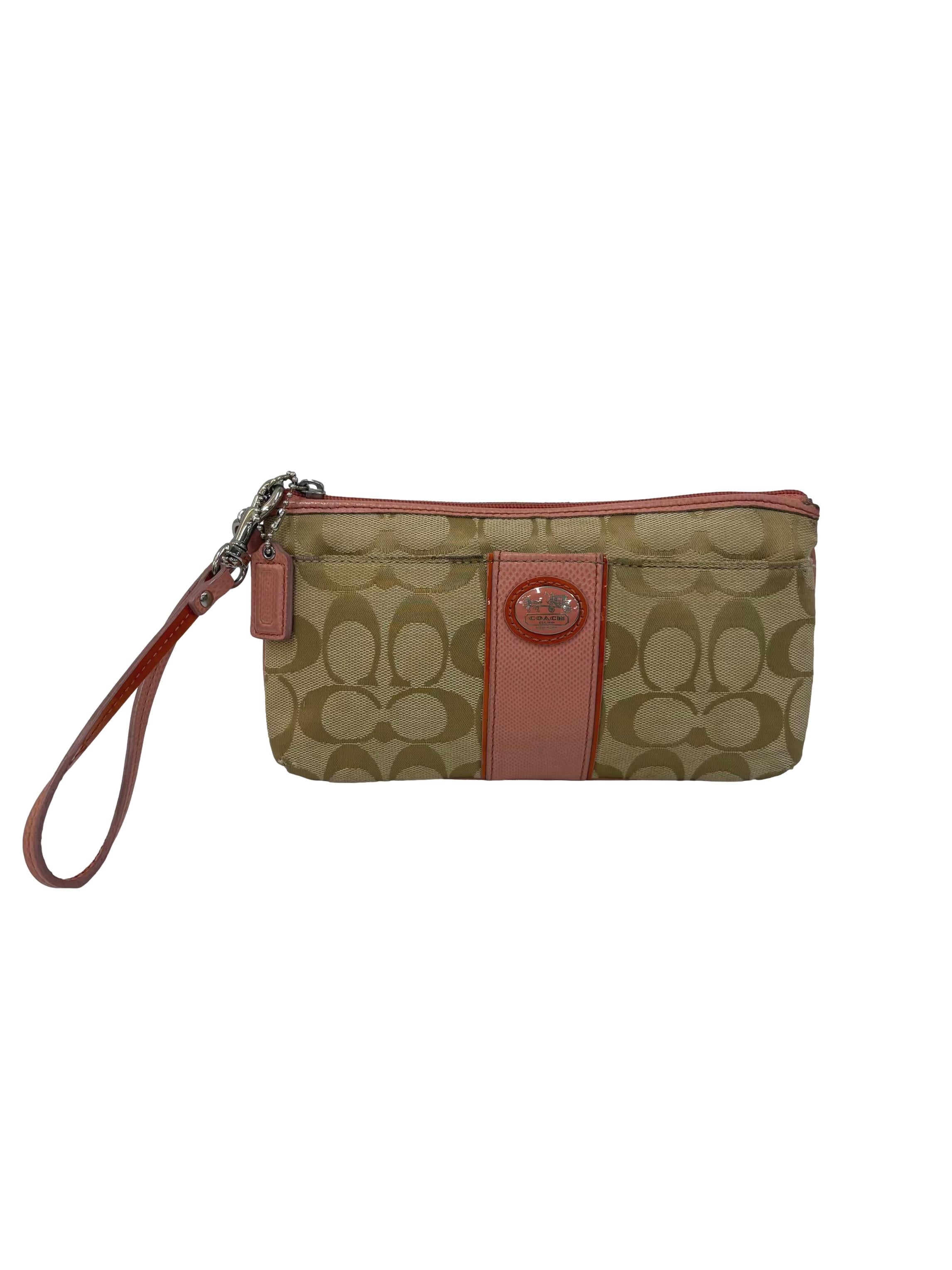Brown and Pink Canvas Signature Striped Jacquard Wristlet CSN