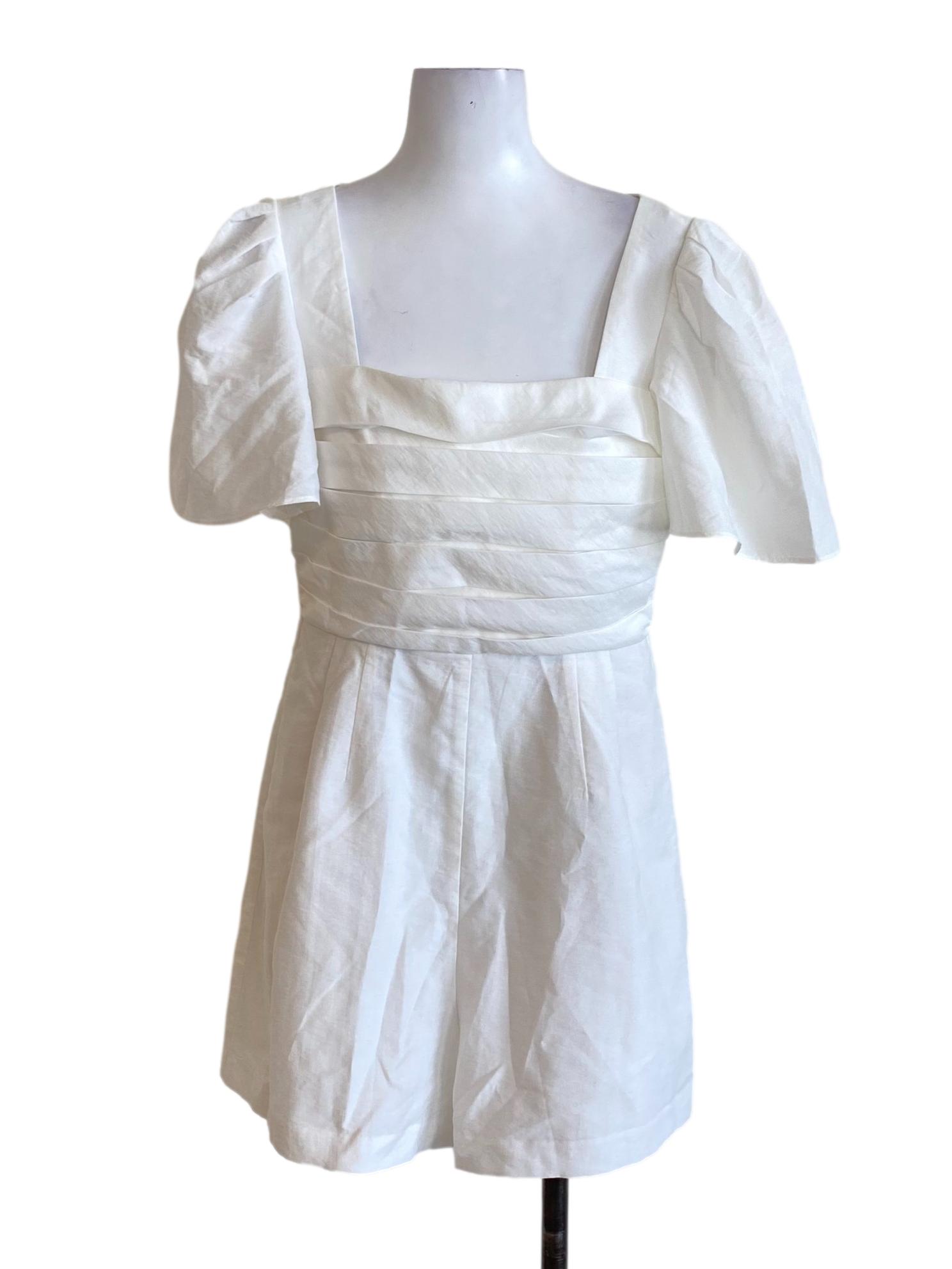 Pearl White Square Neck Pleated Bust Cape Sleeve Romper