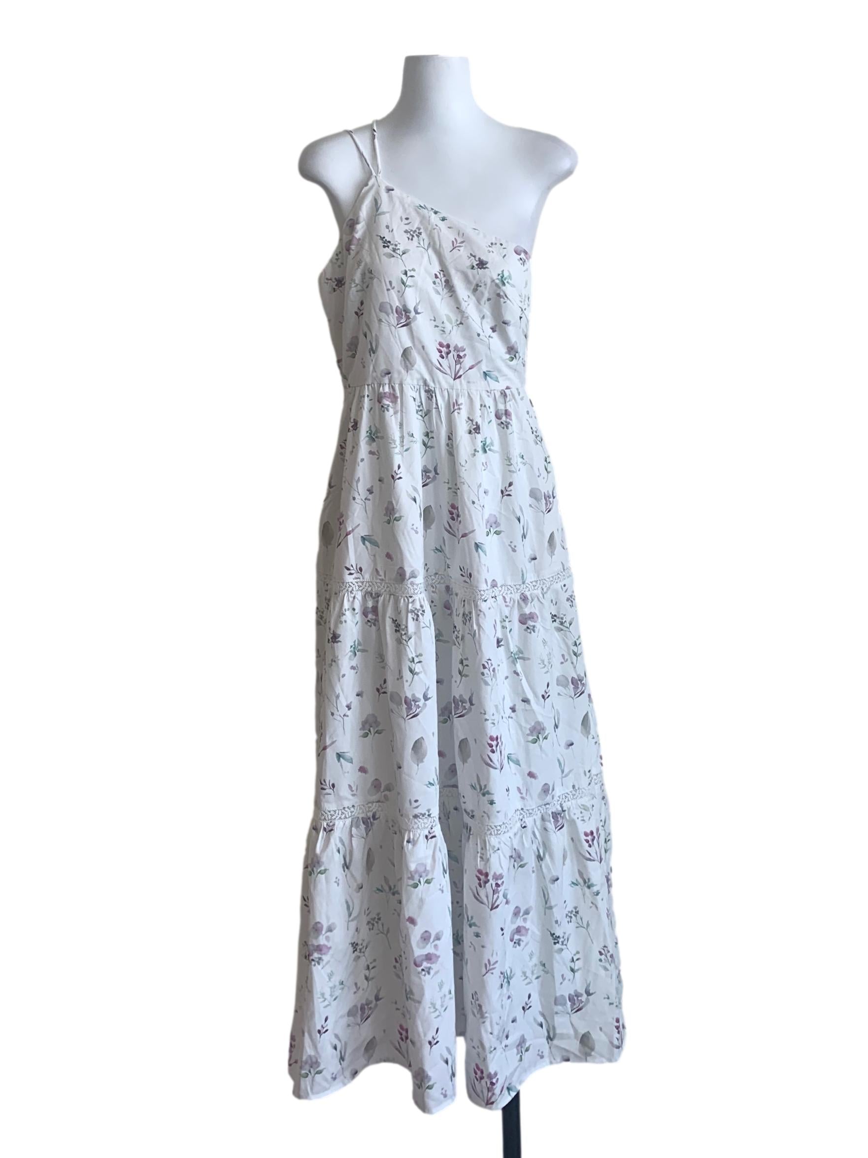 Pearl White Floral Pattern Asymmetrical Neck Dress
