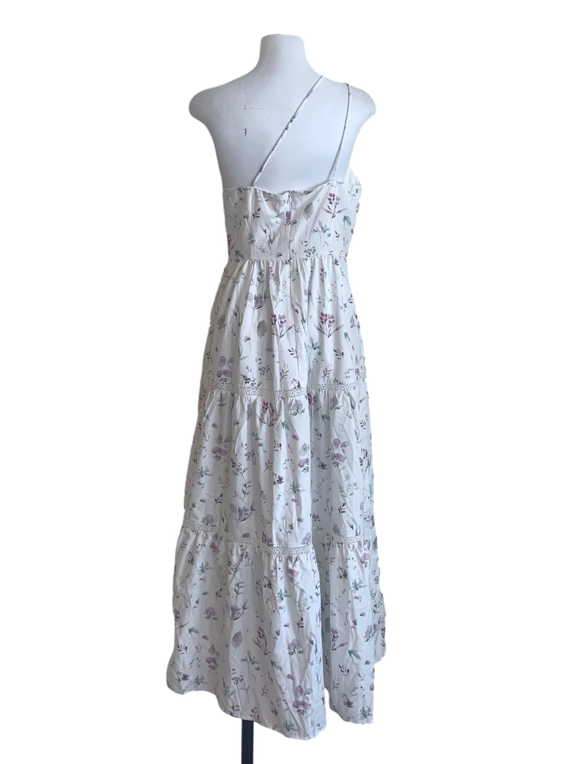 Pearl White Floral Pattern Asymmetrical Neck Dress