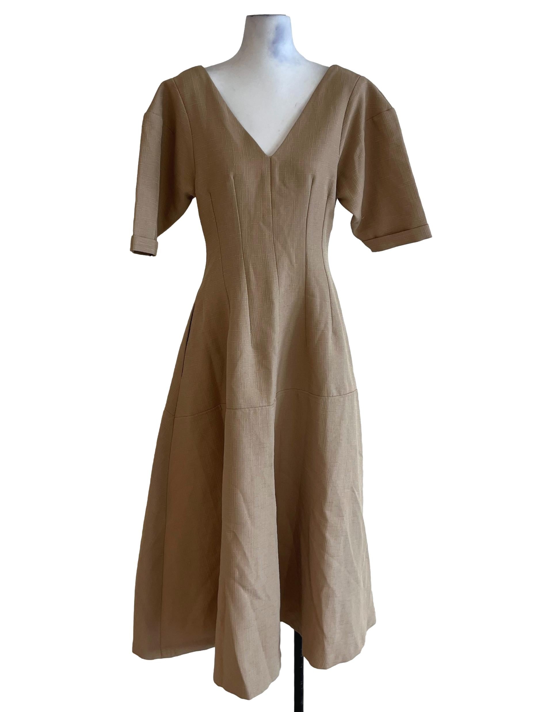 Beige V-Neckline Empire Dress