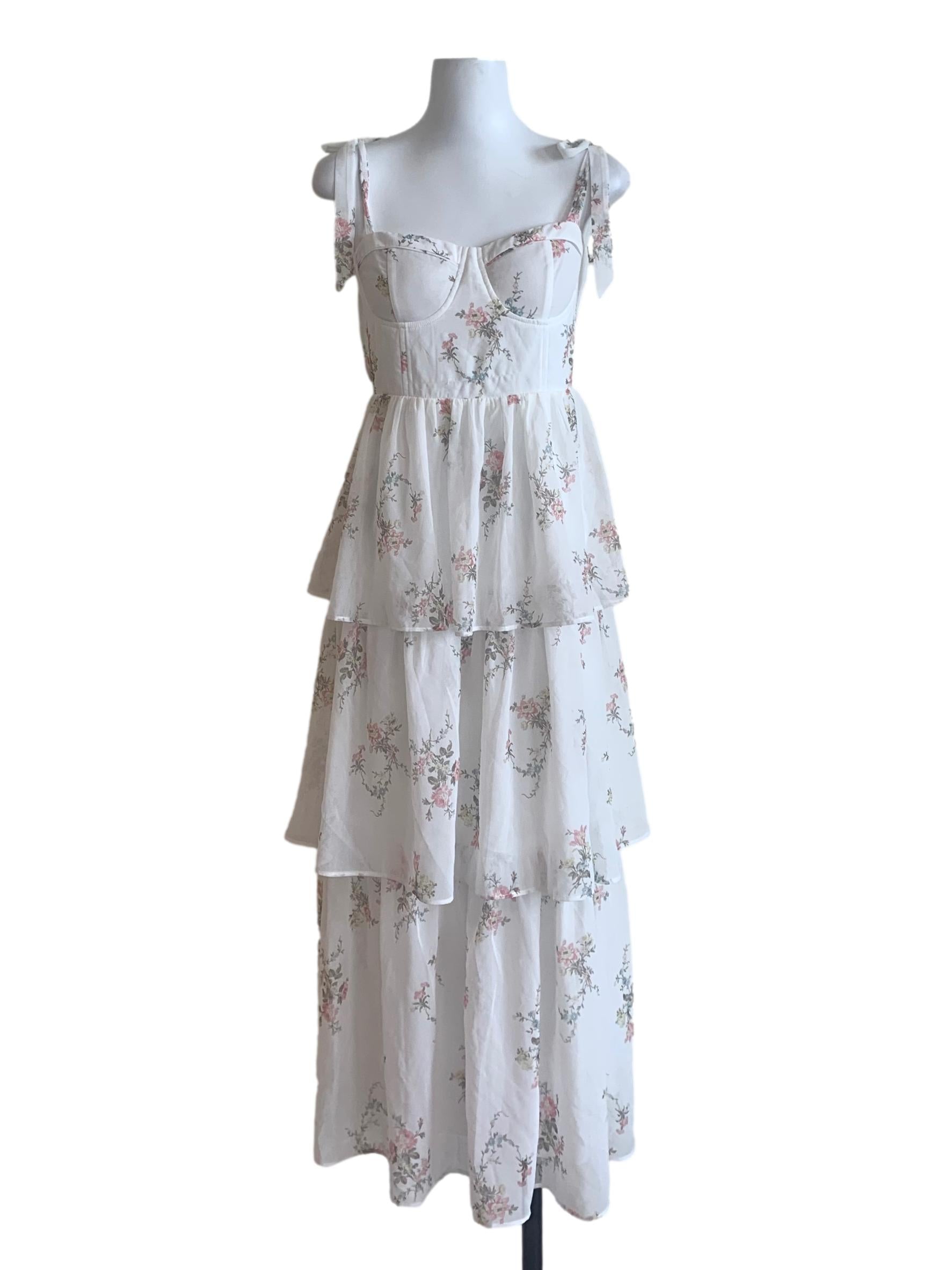 Cotton White Floral Pattern Layered Dress