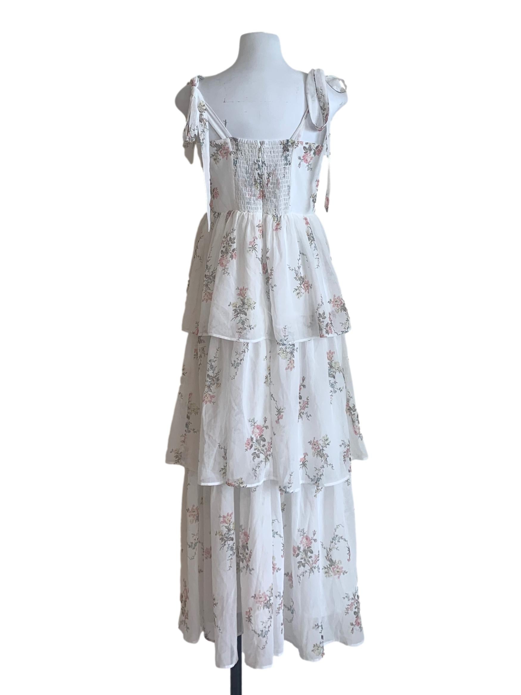Cotton White Floral Pattern Layered Dress