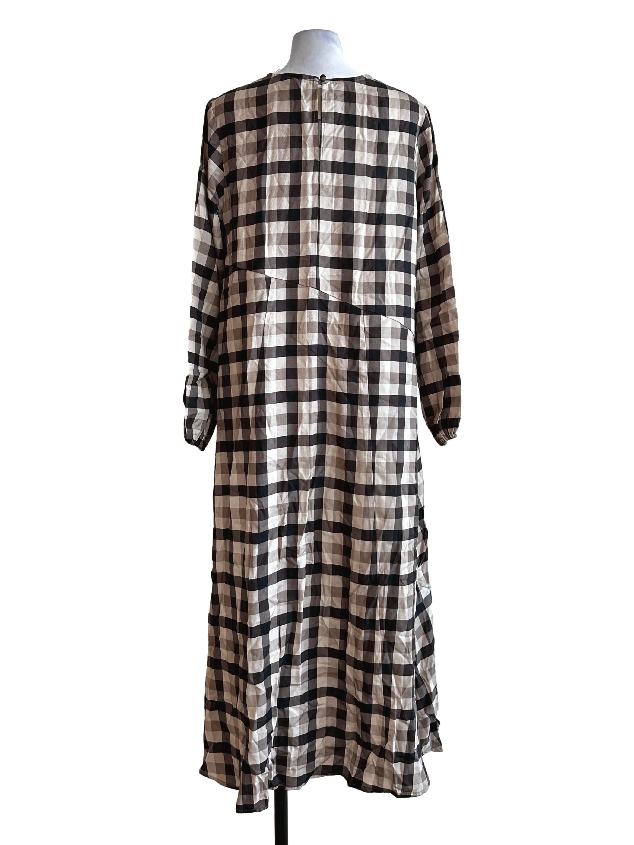 Brown Gingham Pattern Long Sleeves Dress